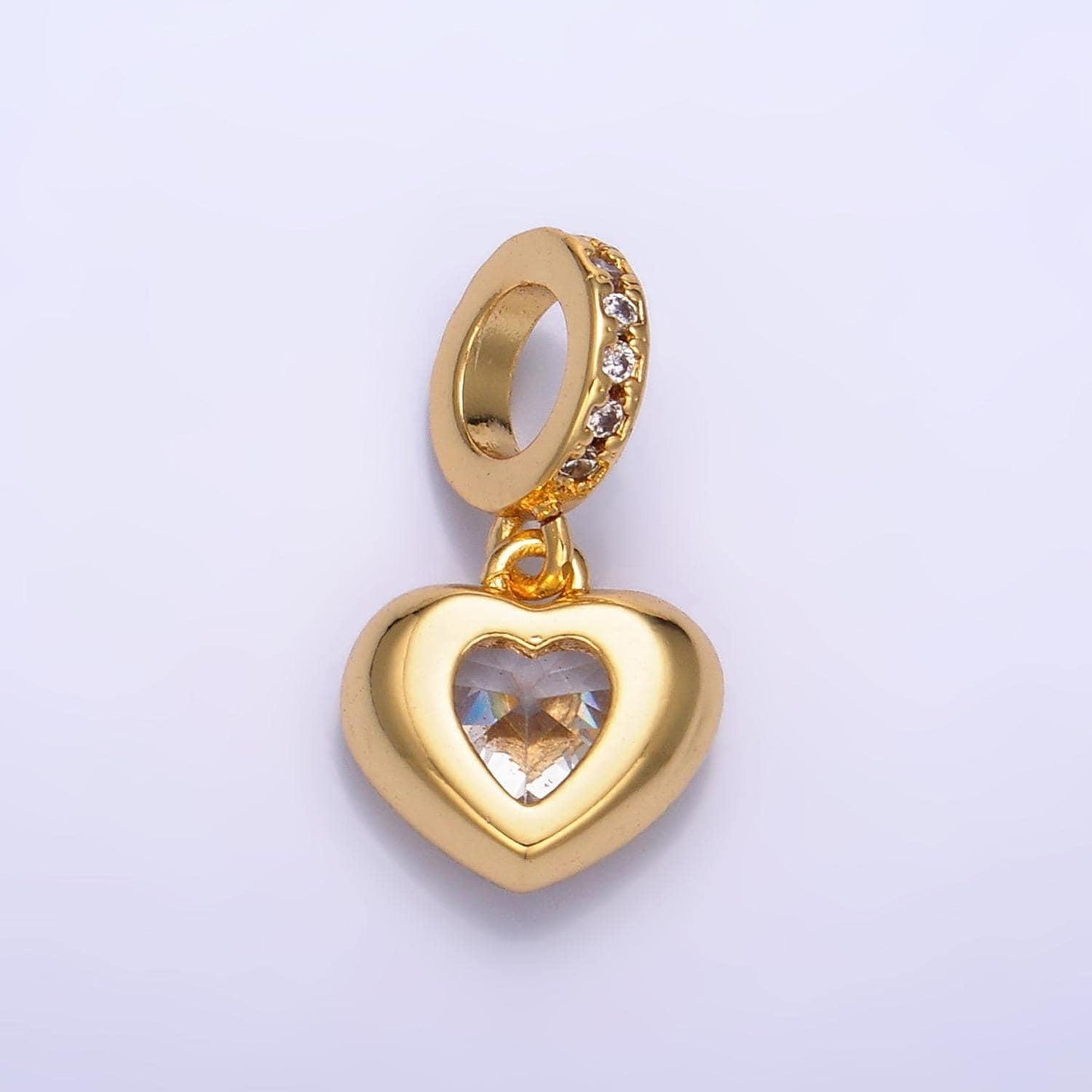 24k gold filled heart charm love cz paved rondelle bail drop pendant | w272