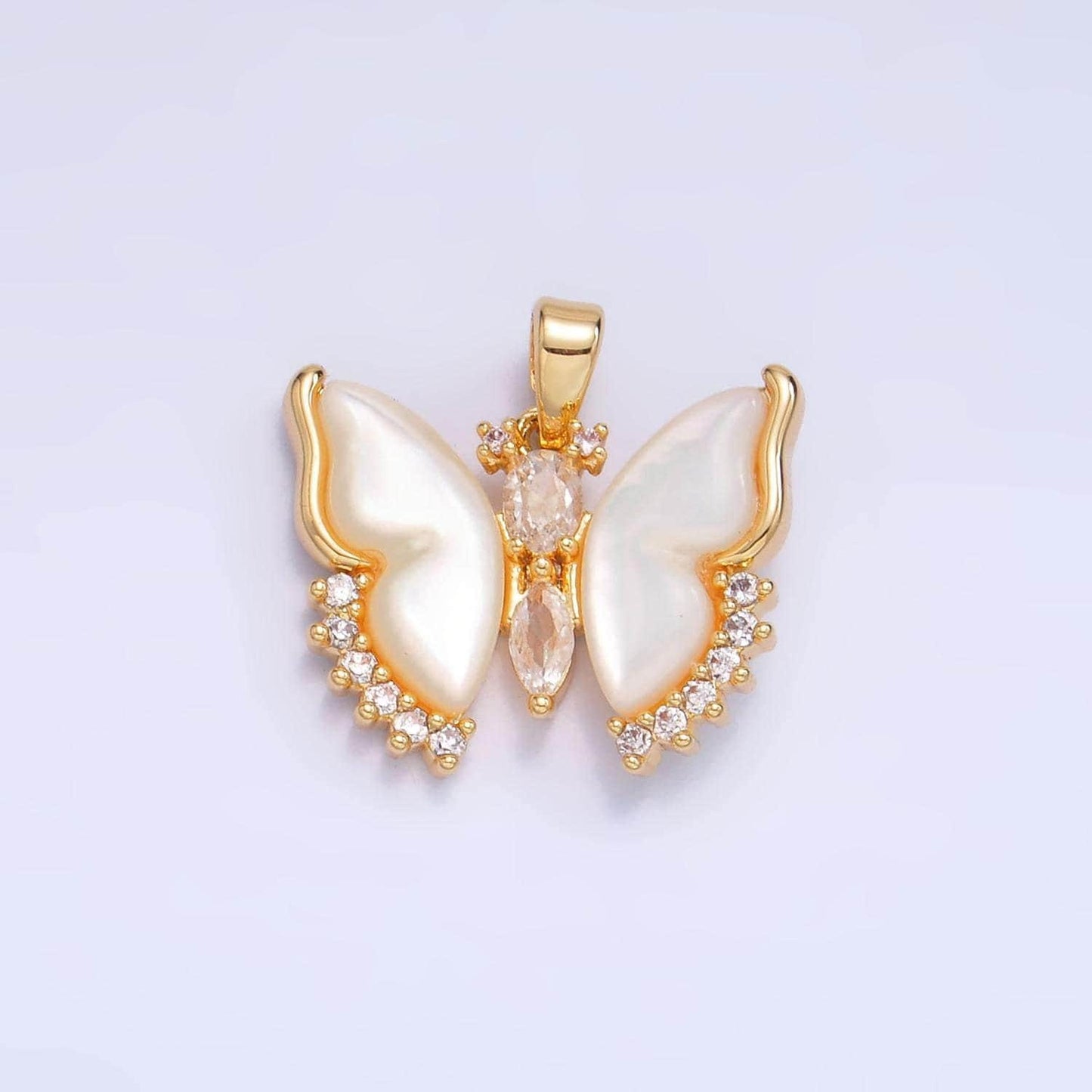 Dainty 24k gold filled shell pearl micro paved cz butterfly wings pendant | aa1054