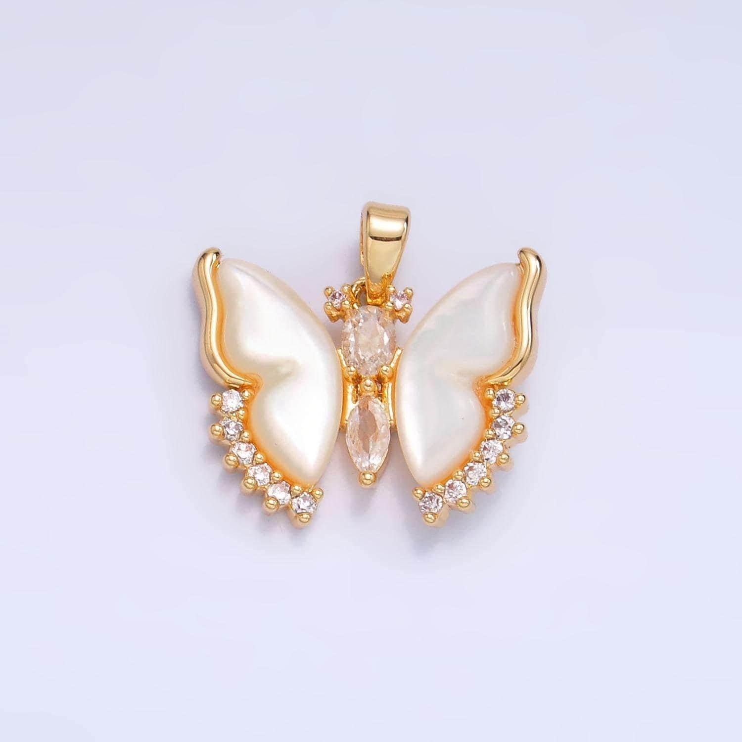 Dainty 24k gold filled shell pearl micro paved cz butterfly wings pendant | aa1054