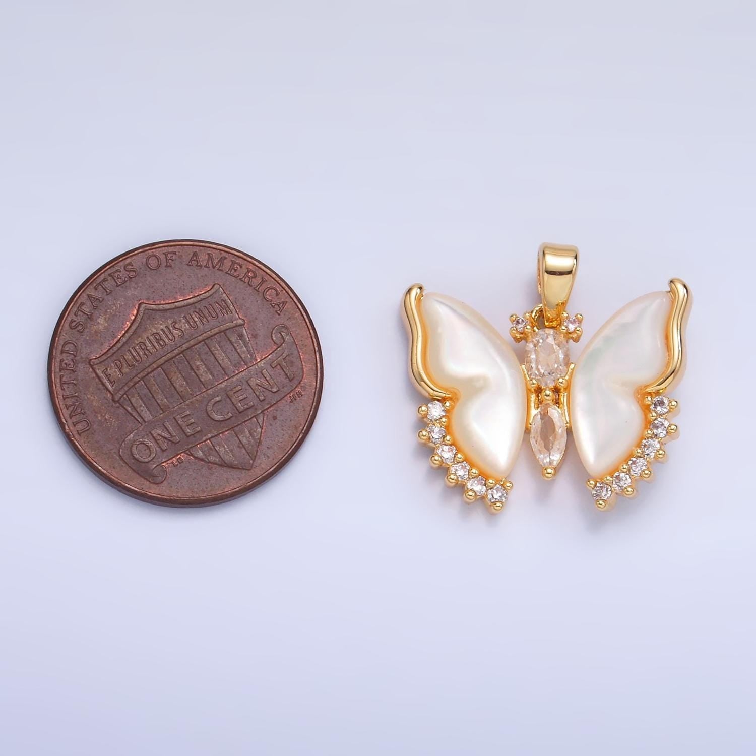 Dainty 24k gold filled shell pearl micro paved cz butterfly wings pendant | aa1054
