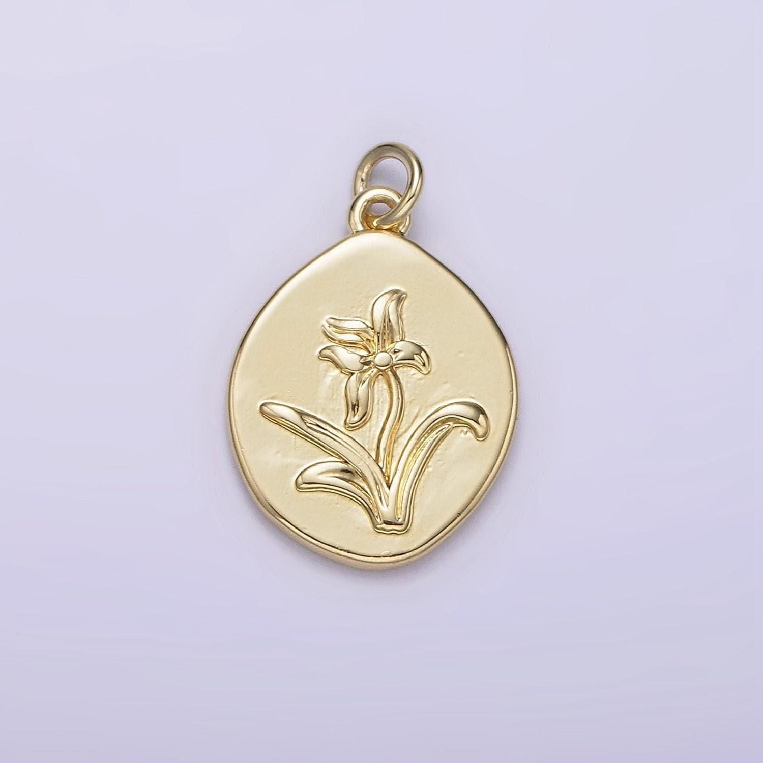 14k gold filled lily may birth flower hammered stamped personalized double sided charm | ag245