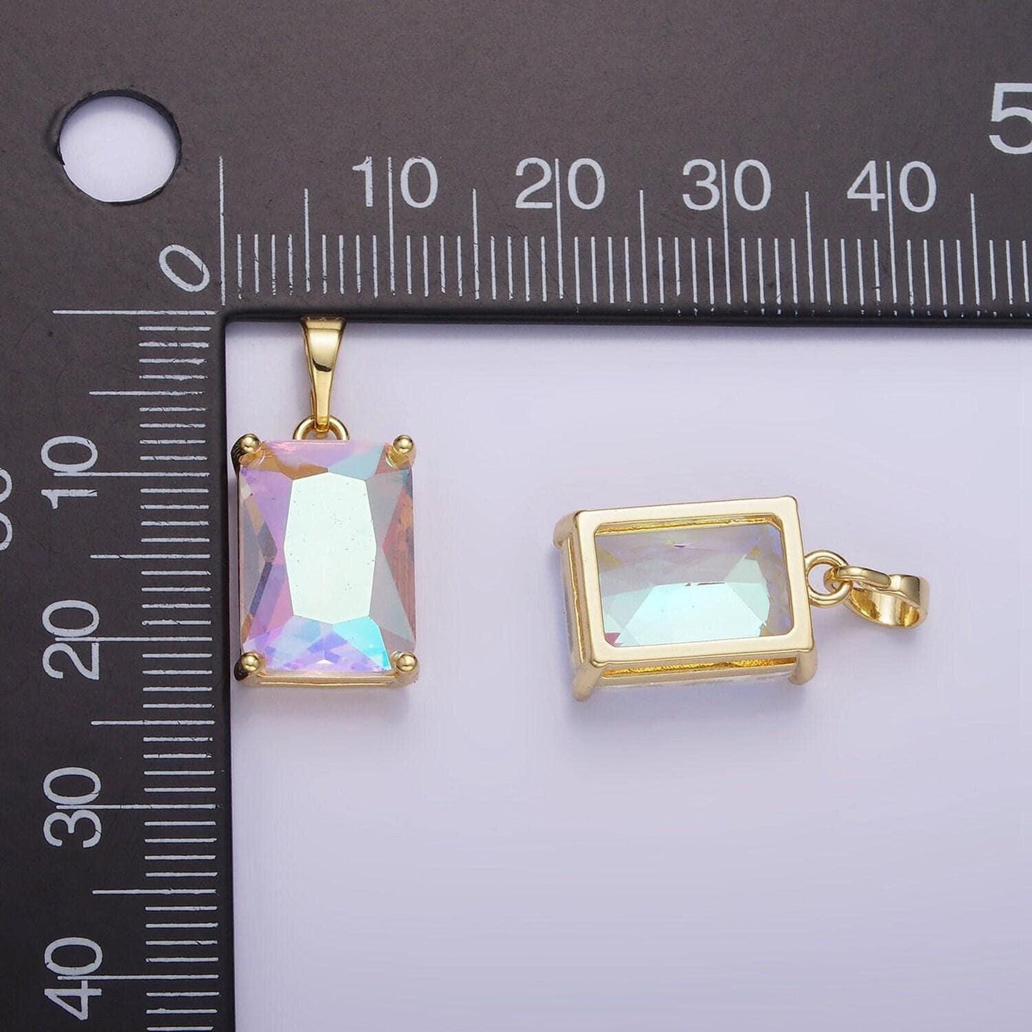 Mini rectangle emerald cut rainbow ab charm cz charm, aurore boreale cubic zirconia charm, jewelry 14k gold filled aa-758