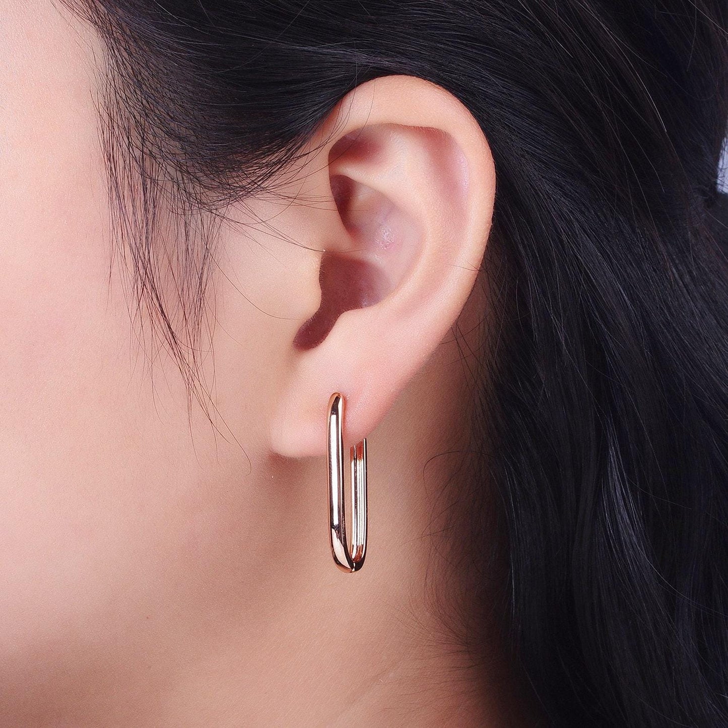 Dainty gold filled oblong rectangle hoop earring, gold u shape huggie hoop earring lever back earring minimalist jewelry hypoallergenicad304