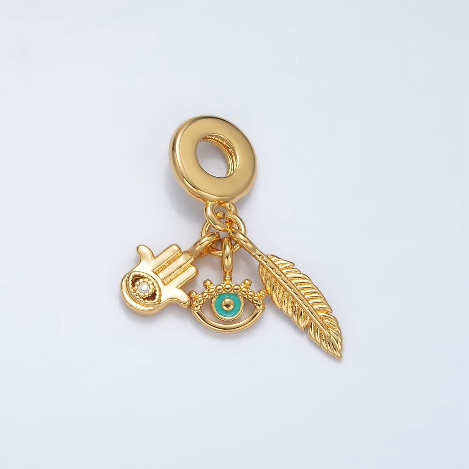 24k gold filled cz hamsa hand/evil eye/feather protection theme rondelle bail drop pendant | ac-084