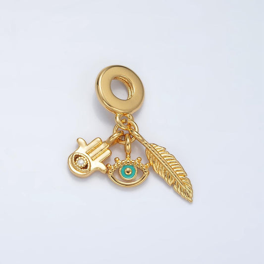 24k gold filled cz hamsa hand/evil eye/feather protection theme rondelle bail drop pendant | ac-084