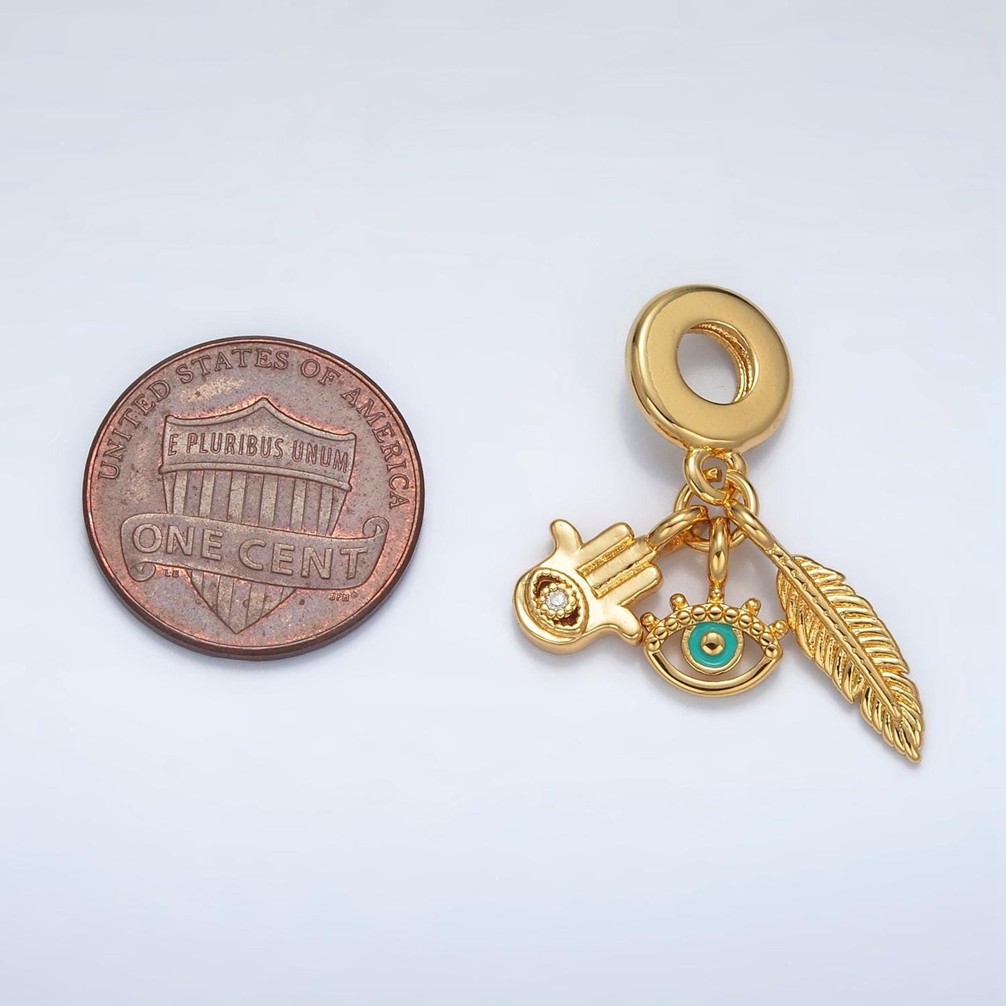 24k gold filled cz hamsa hand/evil eye/feather protection theme rondelle bail drop pendant | ac-084