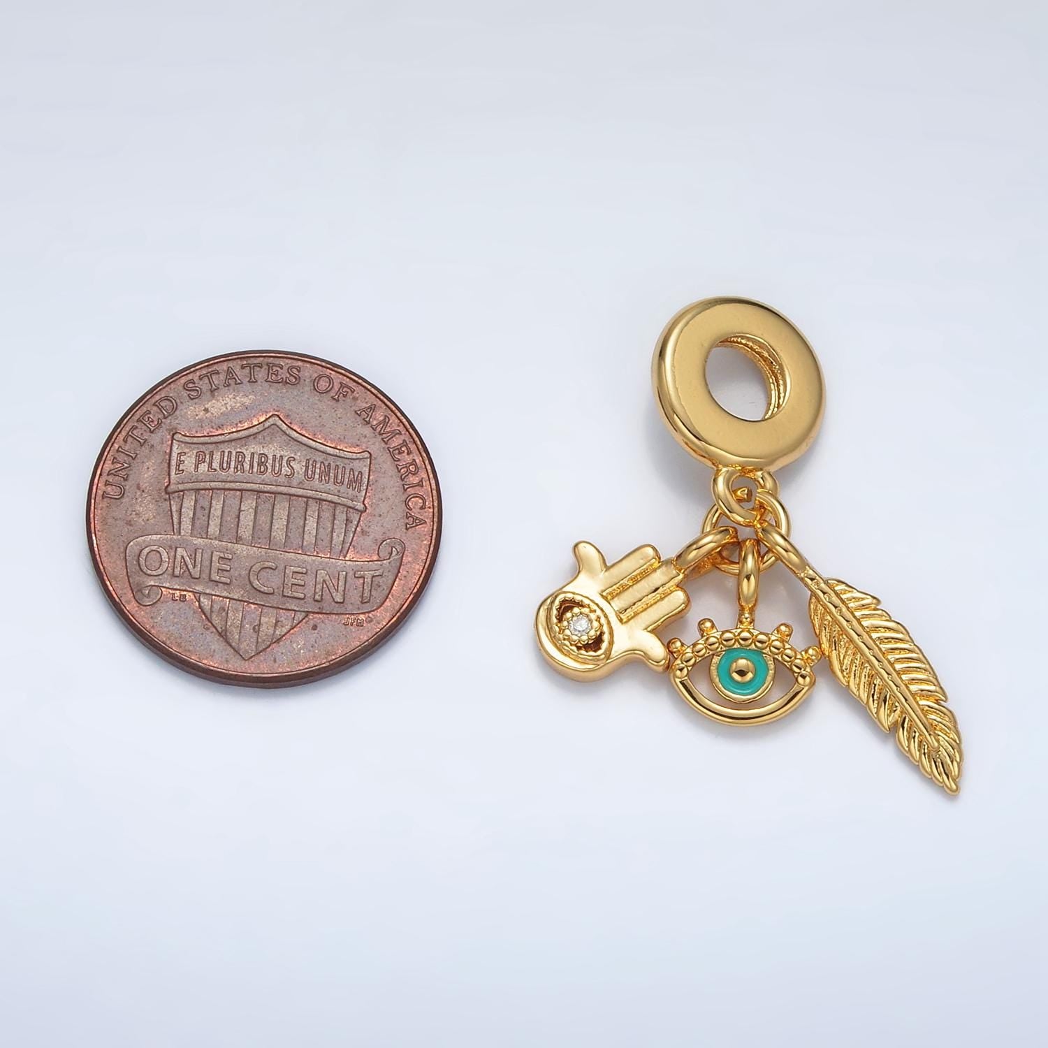 24k gold filled cz hamsa hand/evil eye/feather protection theme rondelle bail drop pendant | ac-084