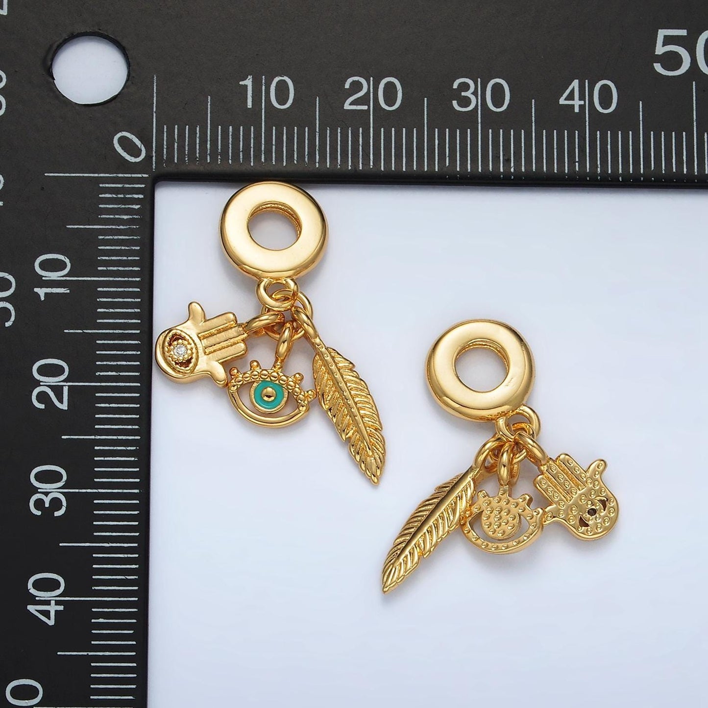 24k gold filled cz hamsa hand/evil eye/feather protection theme rondelle bail drop pendant | ac-084