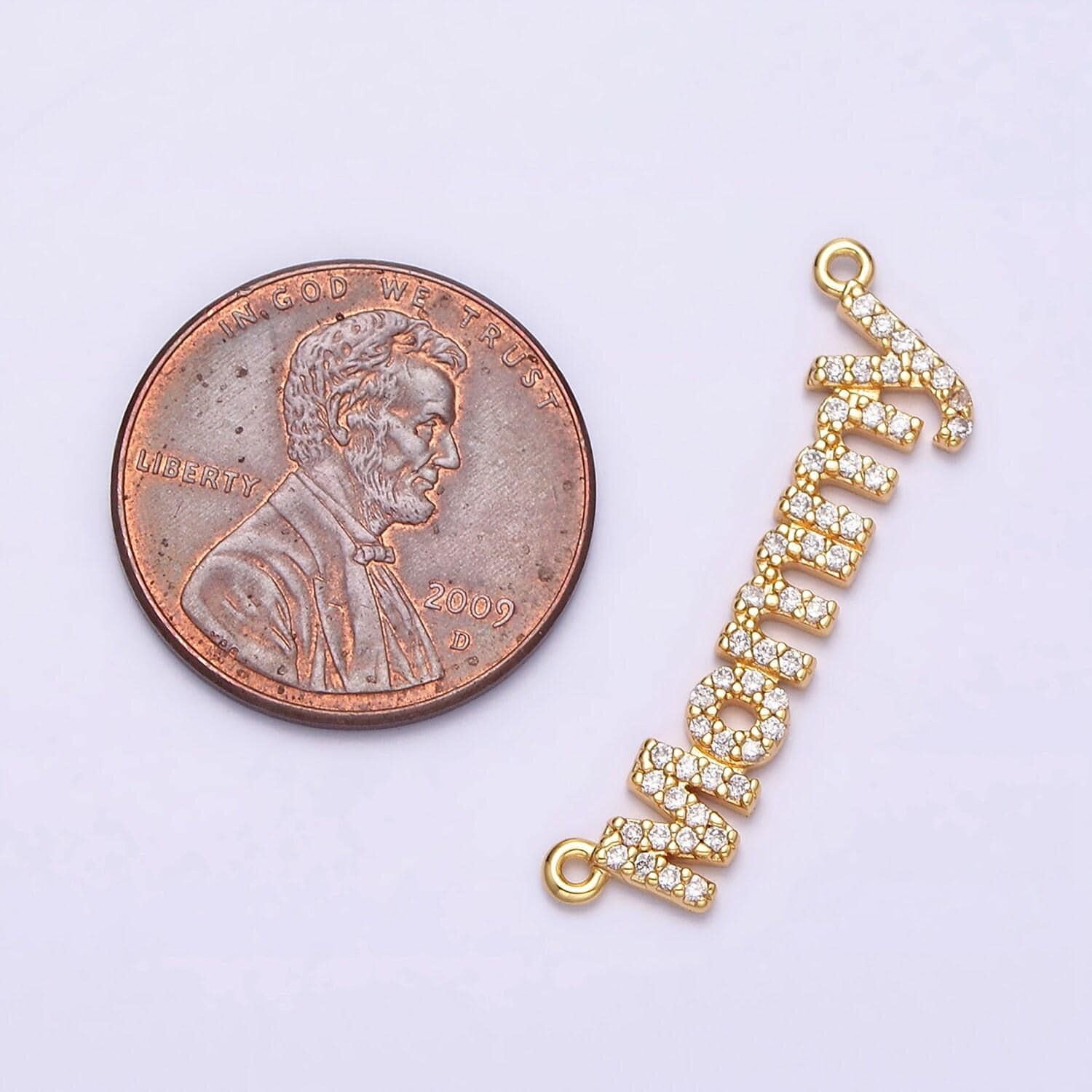 16k gold filled mommy script micro paved cz top loop connector in gold & silver mother day gift idea | y-919