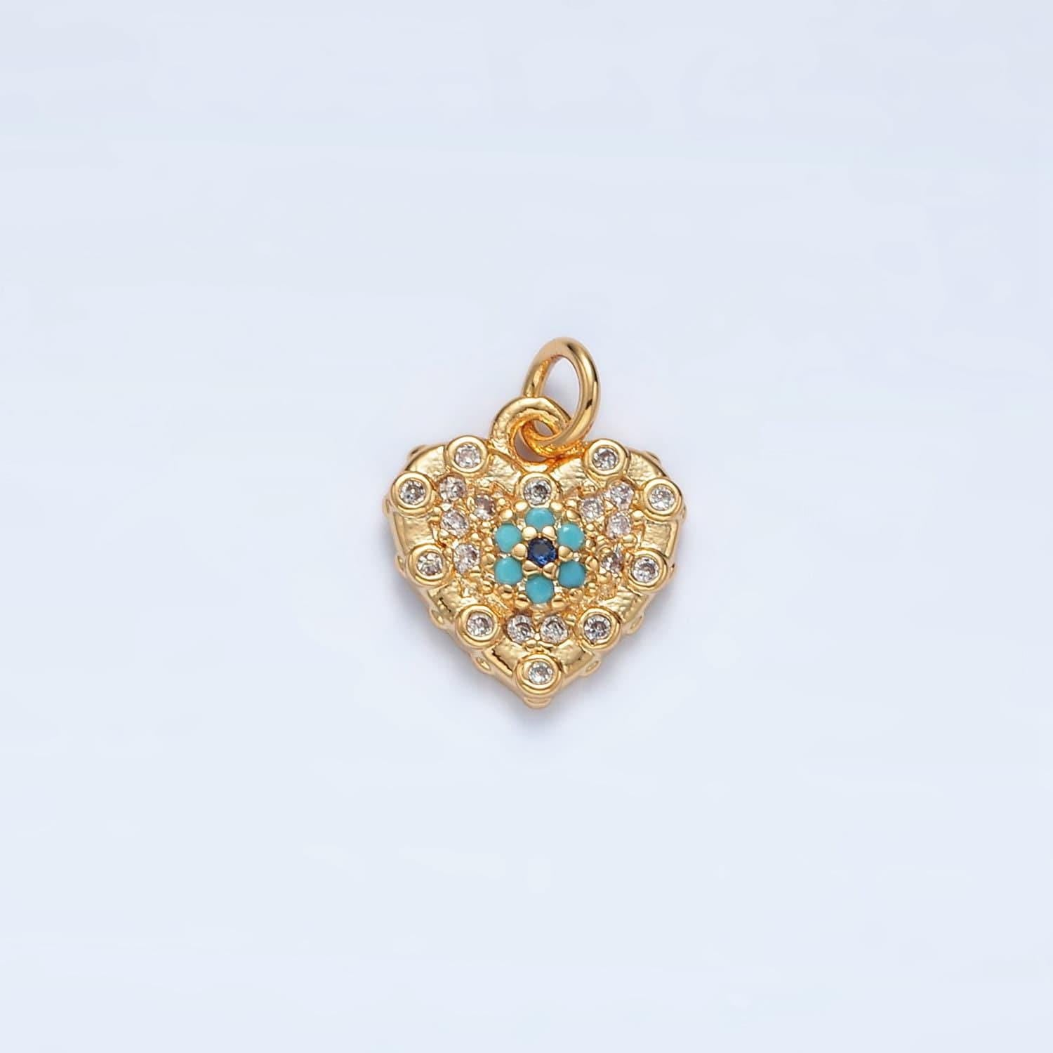 Mini 16k gold filled turquoise cz paved heart charm | ag-931