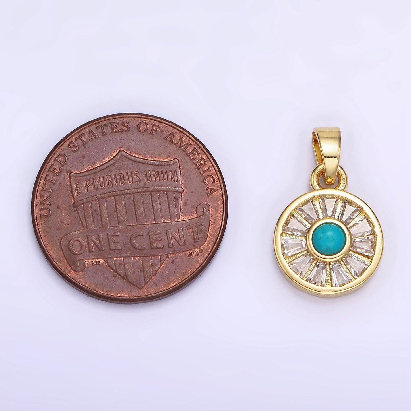 14k gold filled turquoise baguette cz lined round pendant | ah-163