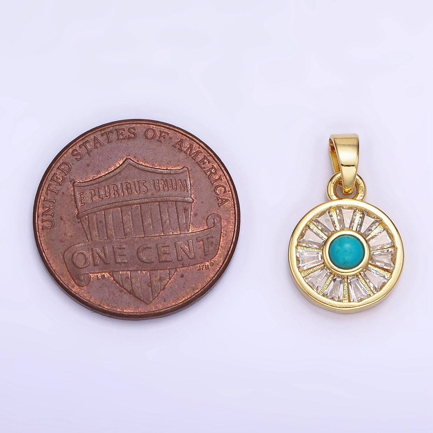 14k gold filled turquoise baguette cz lined round pendant | ah-163