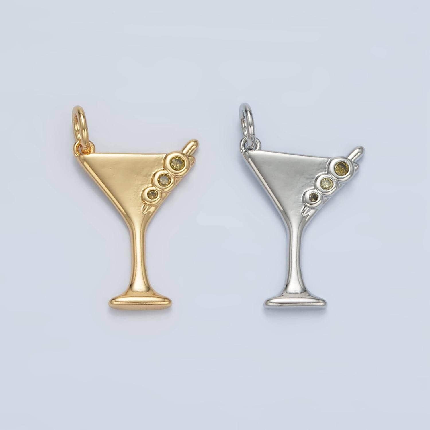 Dainty martini glass charms cocktail drink charms with green olive cz alcohol for girl party charm bar supplies e311