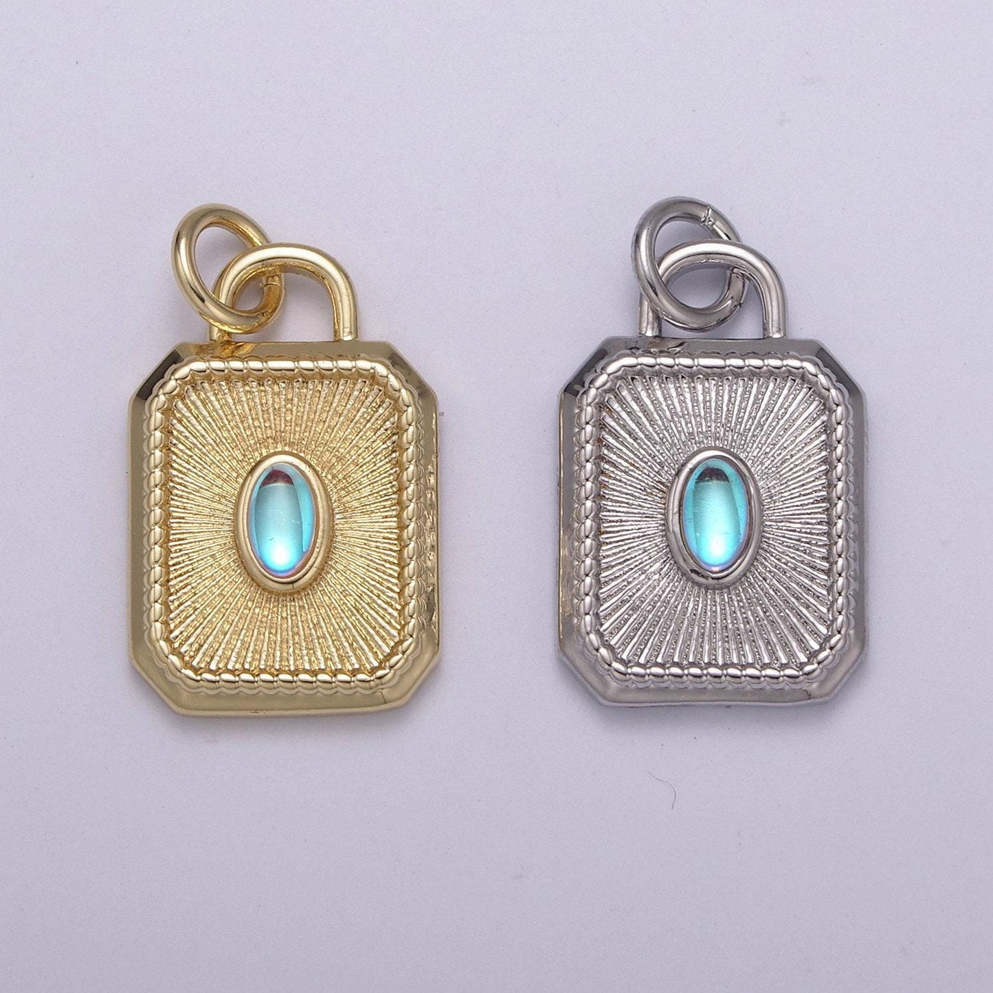 Radiant blue solitaire oval moonstone charm hexagon tag bracelet pendant, gold silvercharm for necklace supply diy jewelry n-209, n-210