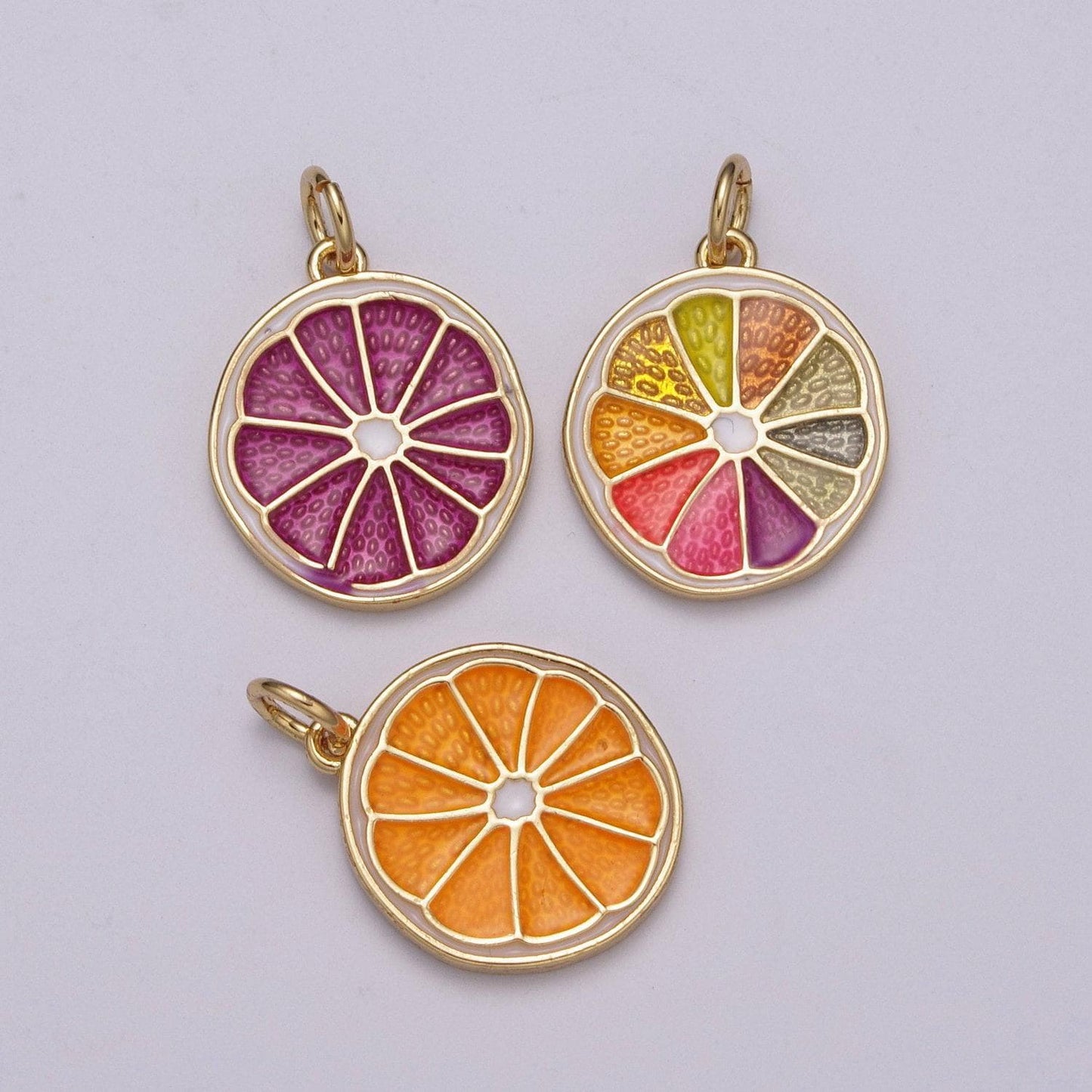 Enamel sliced orange fruit charm lemon sliced charm gold pendant for necklace earring supply component in 24k gold filled, m-818 - m-820