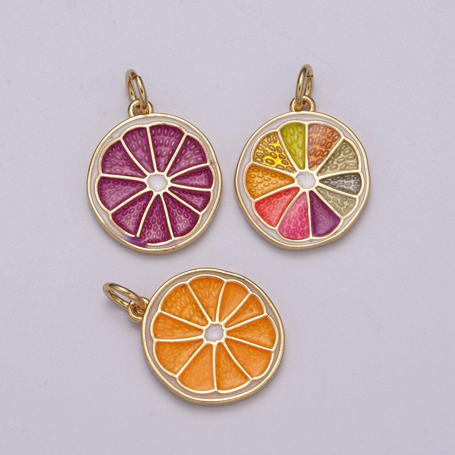 Enamel sliced orange fruit charm lemon sliced charm gold pendant for necklace earring supply component in 24k gold filled, m-818 - m-820