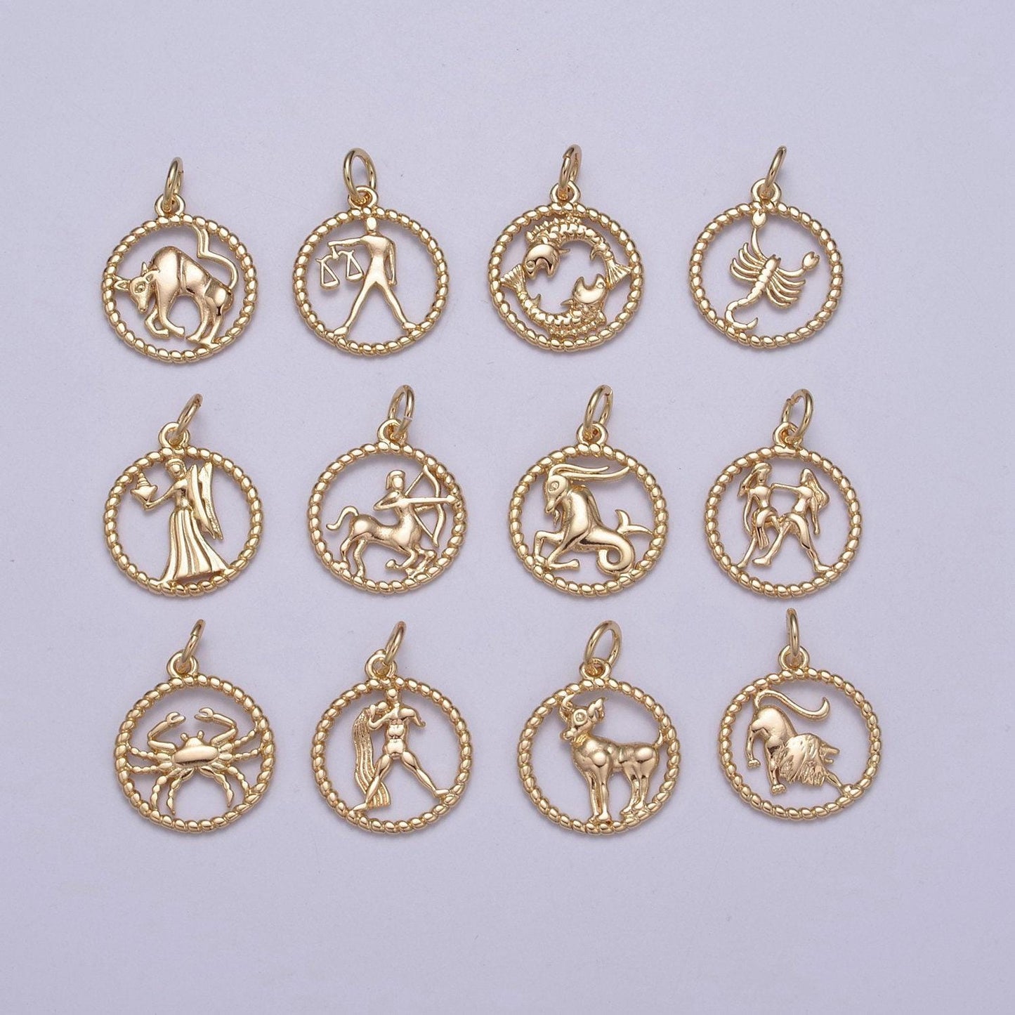 Dainty zodiac charm horoscope with decorated rope edge medallion charm astrology sign for necklace