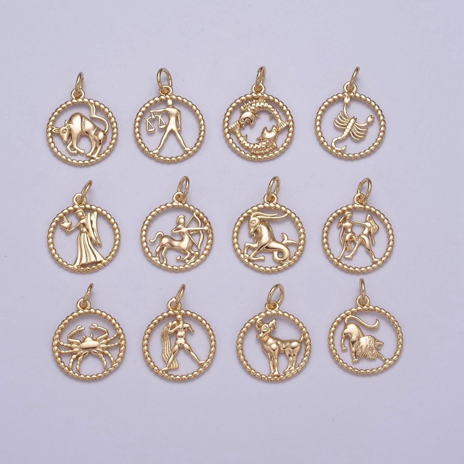 Dainty zodiac charm horoscope with decorated rope edge medallion charm astrology sign for necklace