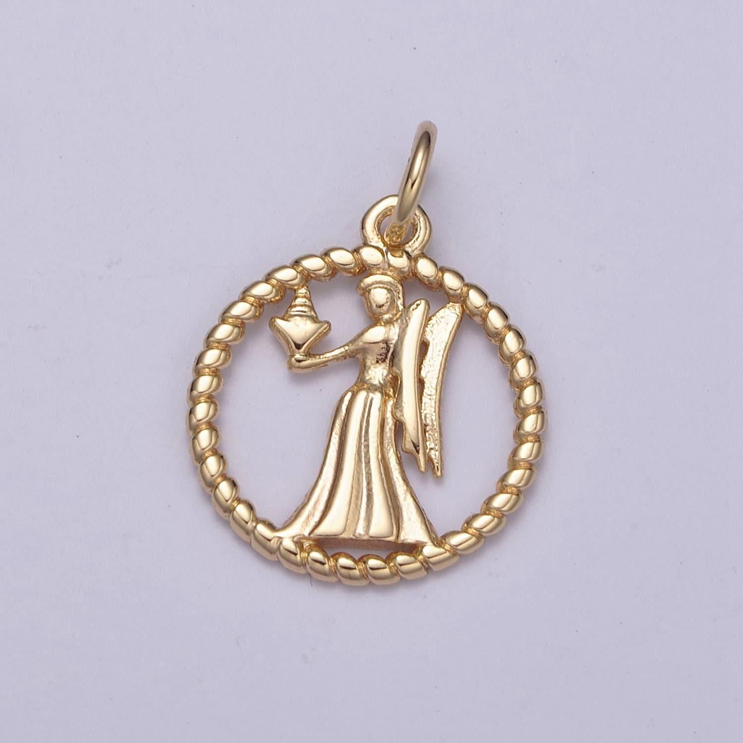 Dainty zodiac charm horoscope with decorated rope edge medallion charm astrology sign for necklace