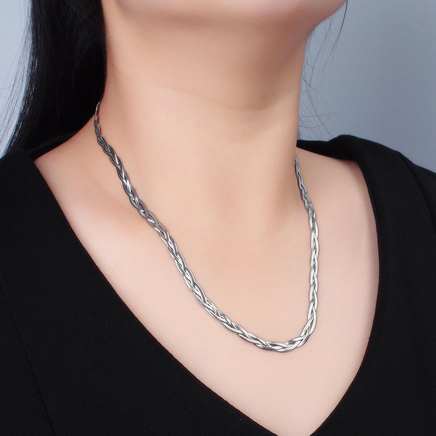 18 inch braided herringbone chain stainless steel necklace in gold & silver | wa-2616 wa-2617