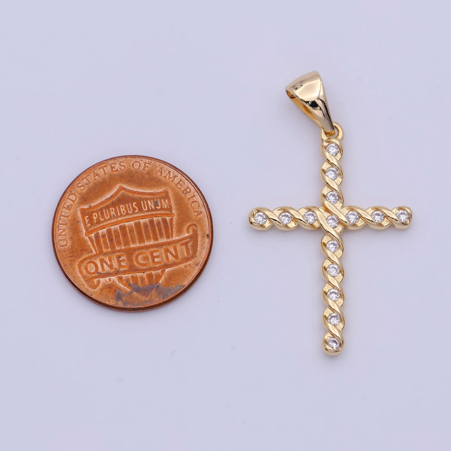 Twisted cz gold cross pendant, 24k gold plated baguette braided twist micro paved clear cz cross religious charm | x-498