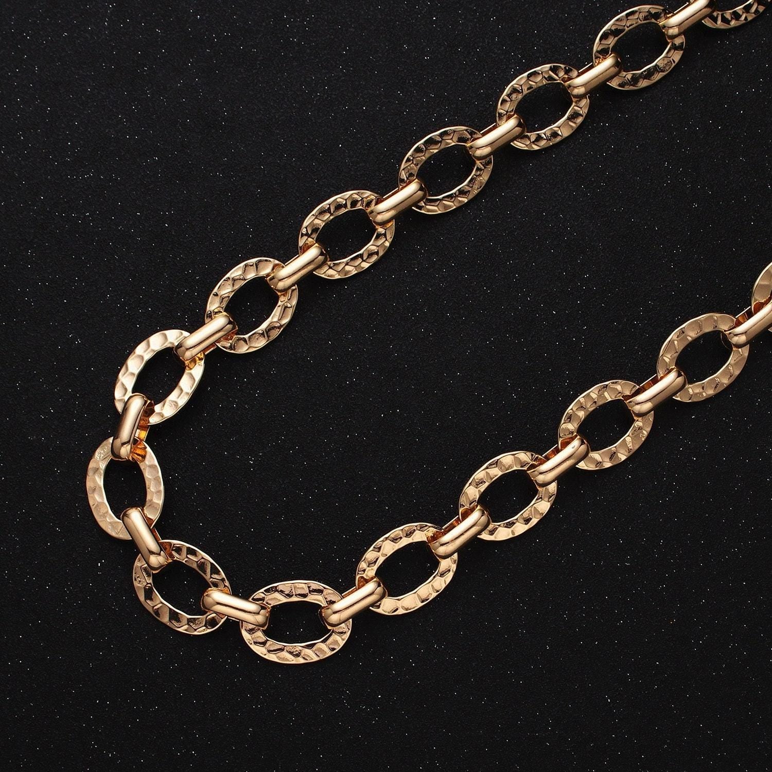 Chunky 16k gold filled hammered oval cable chain chain, silver unique chain by yard for jewelry making supply | roll-1257 1258
