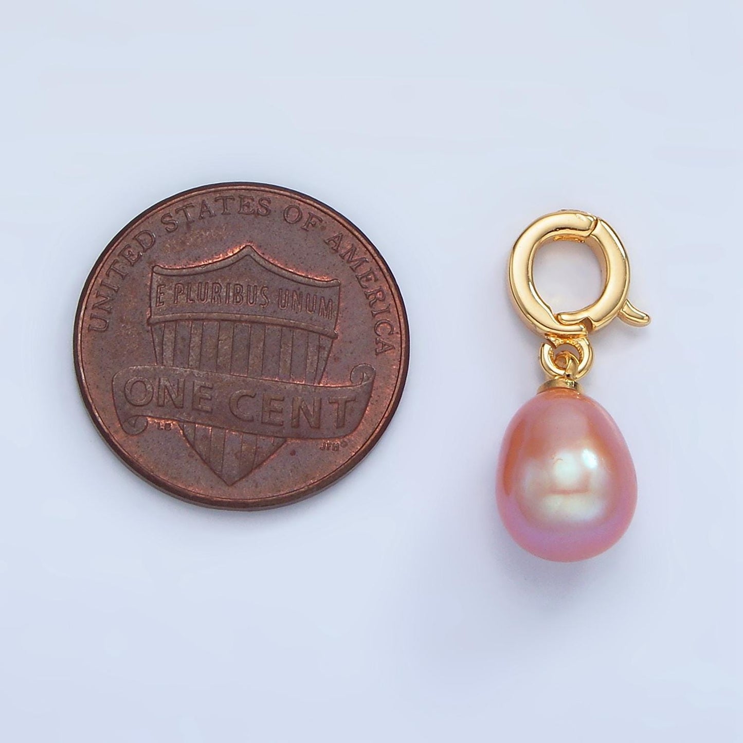 14k gold filled 8mm mauve pink freshwater pearl tear drop pear drop charm with enhanced clasp | p-1875