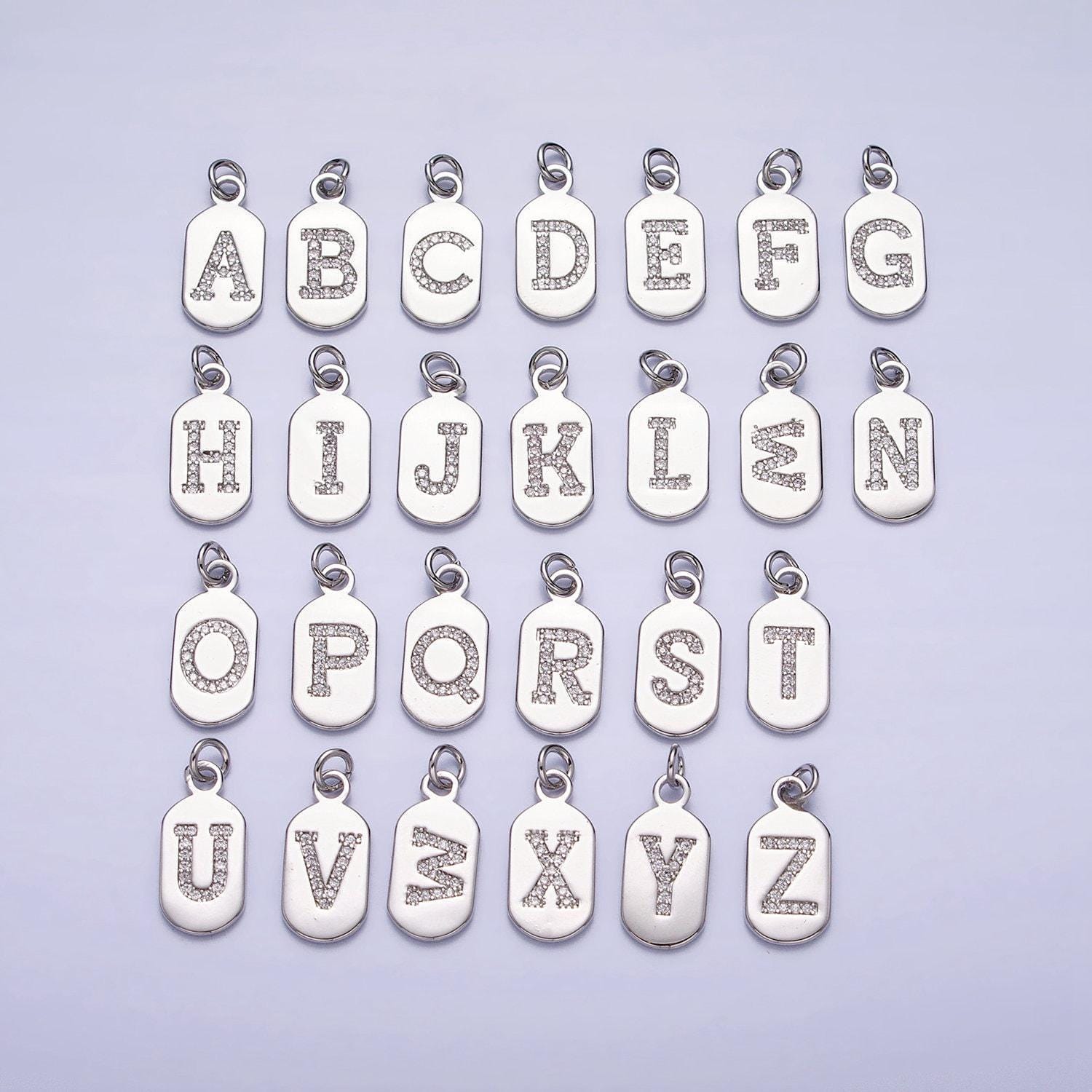 Small dog tag charm cz initial tag charm silver tag charm necklace bracelet dainty name tag rectangle tag pendant alphabet a1887-a1898
