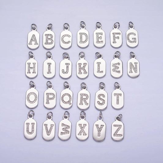 Small dog tag charm cz initial tag charm silver tag charm necklace bracelet dainty name tag rectangle tag pendant alphabet a1887-a1898