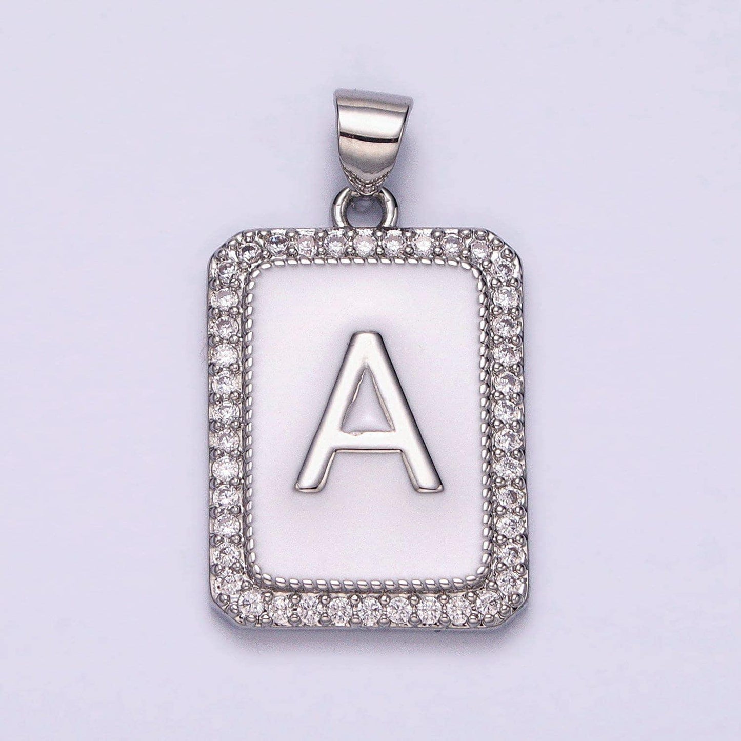 Silver initial letter necklace micro pave white enamel letter pendant necklace cubic alphabet rectangle medallion pendant, personalized gift