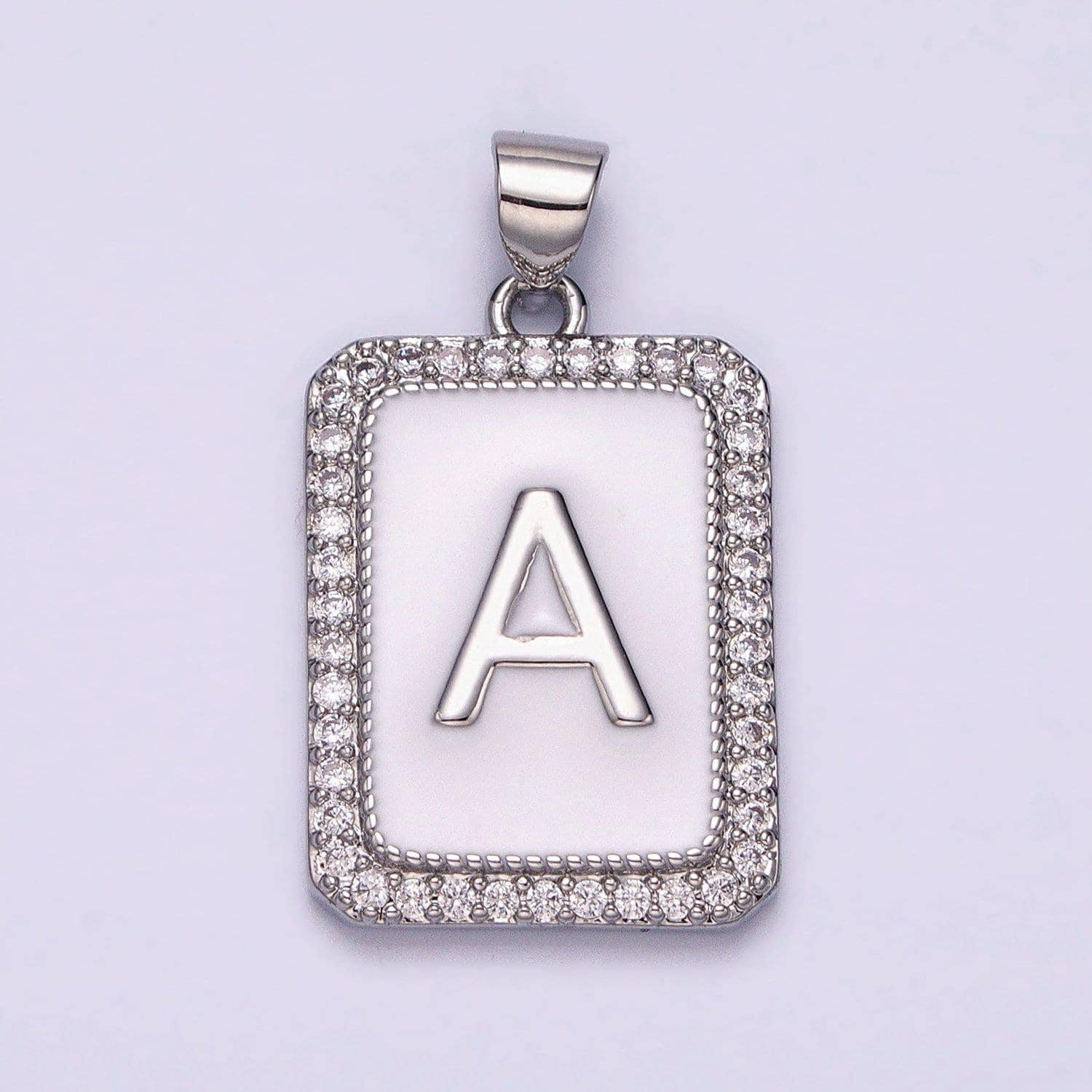 Silver initial letter necklace micro pave white enamel letter pendant necklace cubic alphabet rectangle medallion pendant, personalized gift