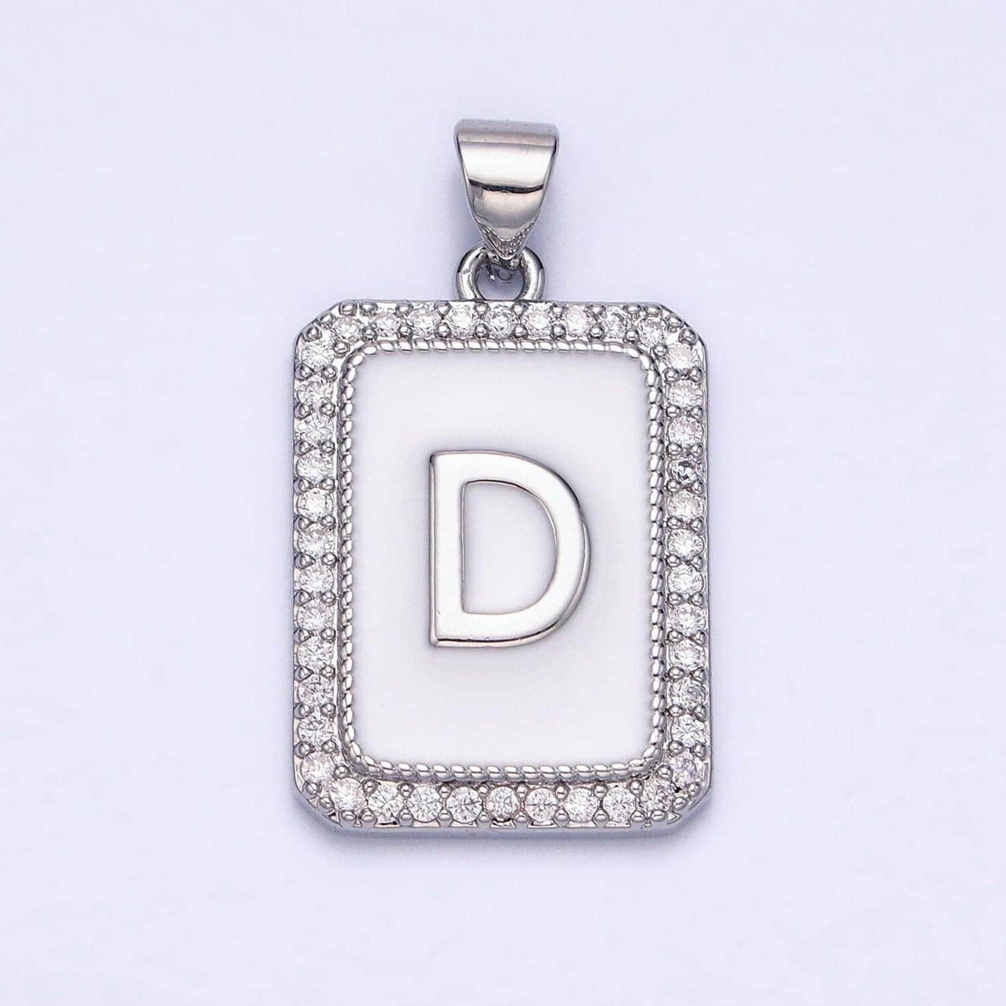 Silver initial letter necklace micro pave white enamel letter pendant necklace cubic alphabet rectangle medallion pendant, personalized gift