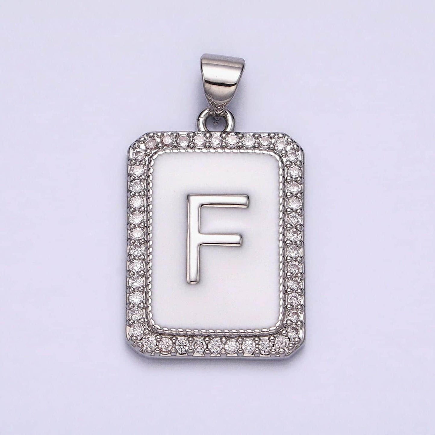 Silver initial letter necklace micro pave white enamel letter pendant necklace cubic alphabet rectangle medallion pendant, personalized gift