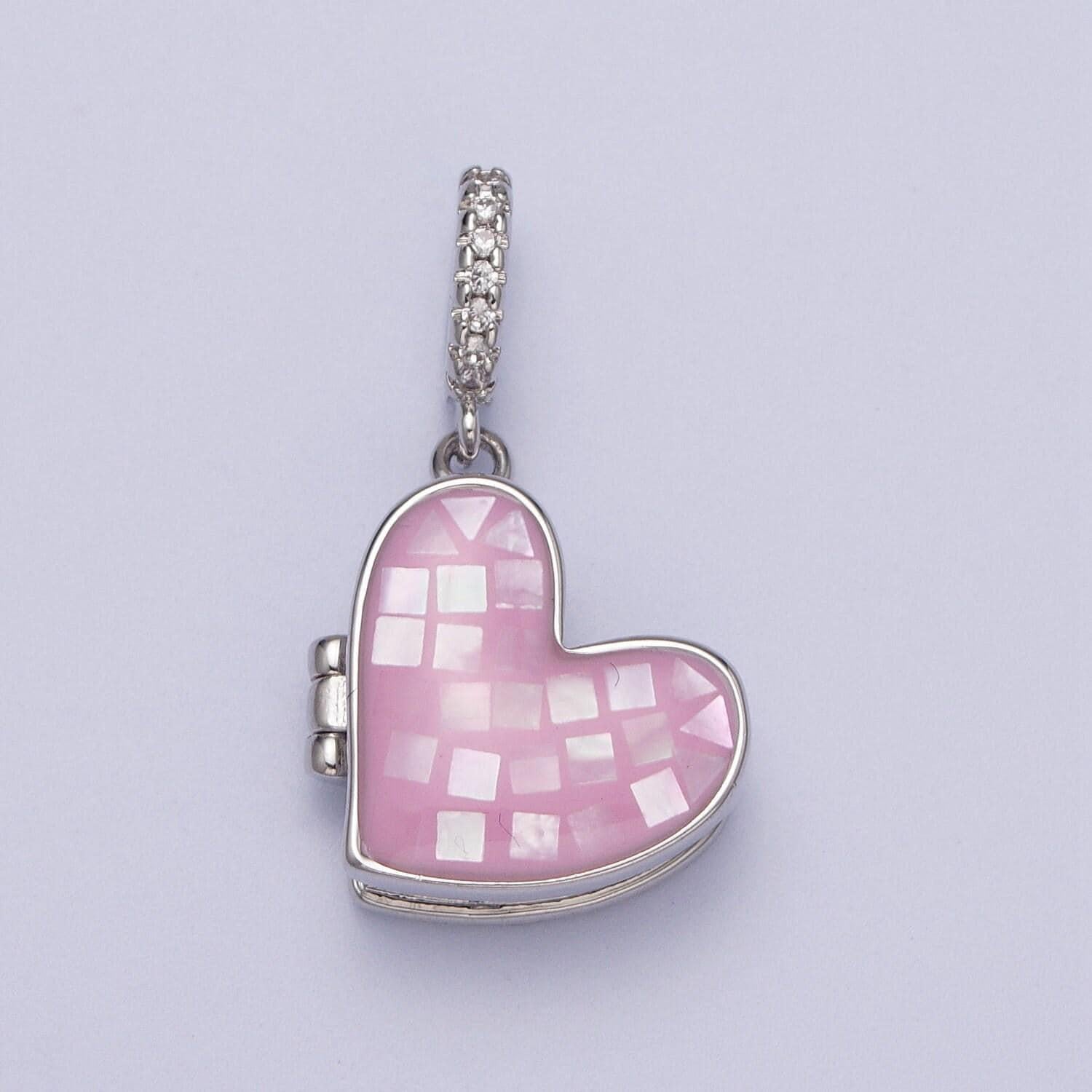 Silver heart locket charm abalone, blue, pink, white, green shell opal heart locket pendant for necklace bracelet supply h-086