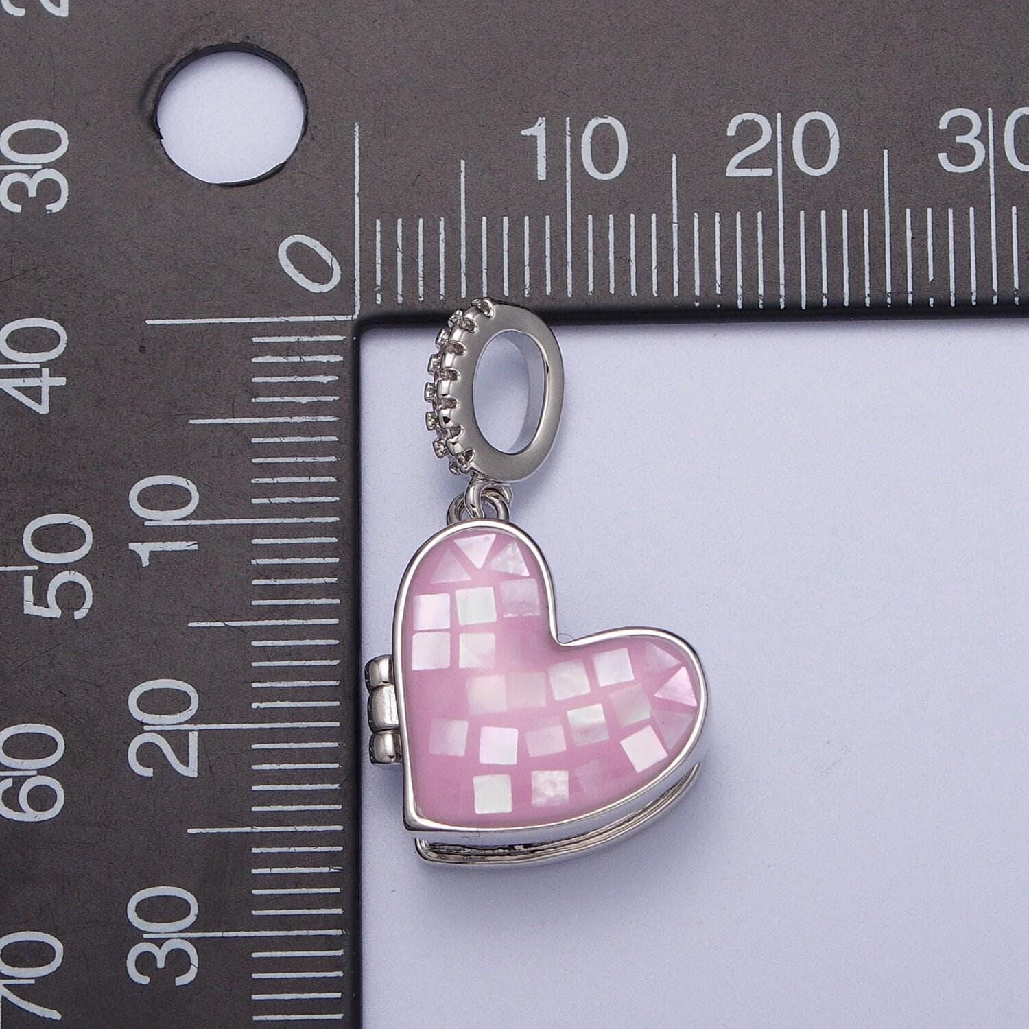 Silver heart locket charm abalone, blue, pink, white, green shell opal heart locket pendant for necklace bracelet supply h-086