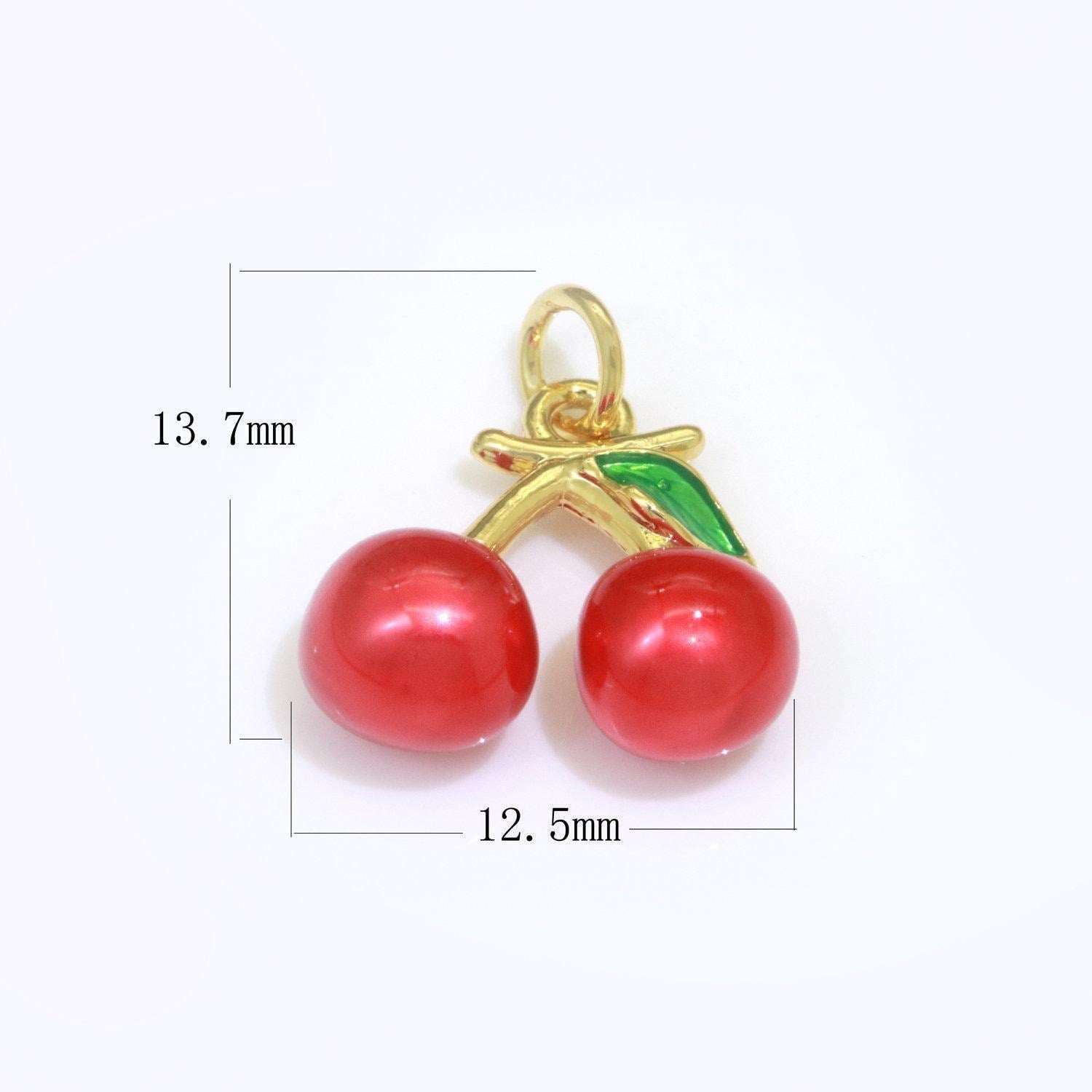 Red cherry charm, enamel necklace charm, cherries 24k gold filled pendant , jewelry for bracelet necklace earring