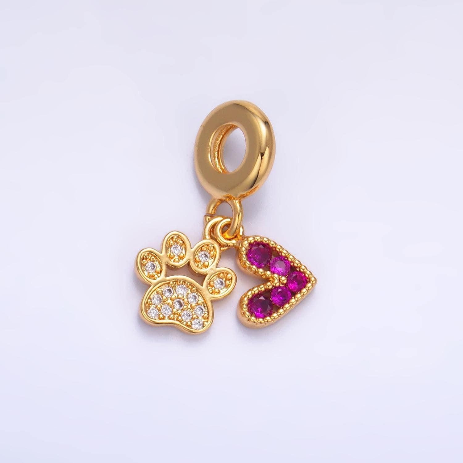 24k gold filled pet lover heart charm pink dog paw cz animal theme rondelle bail drop pendant dog mama bracelet | w330