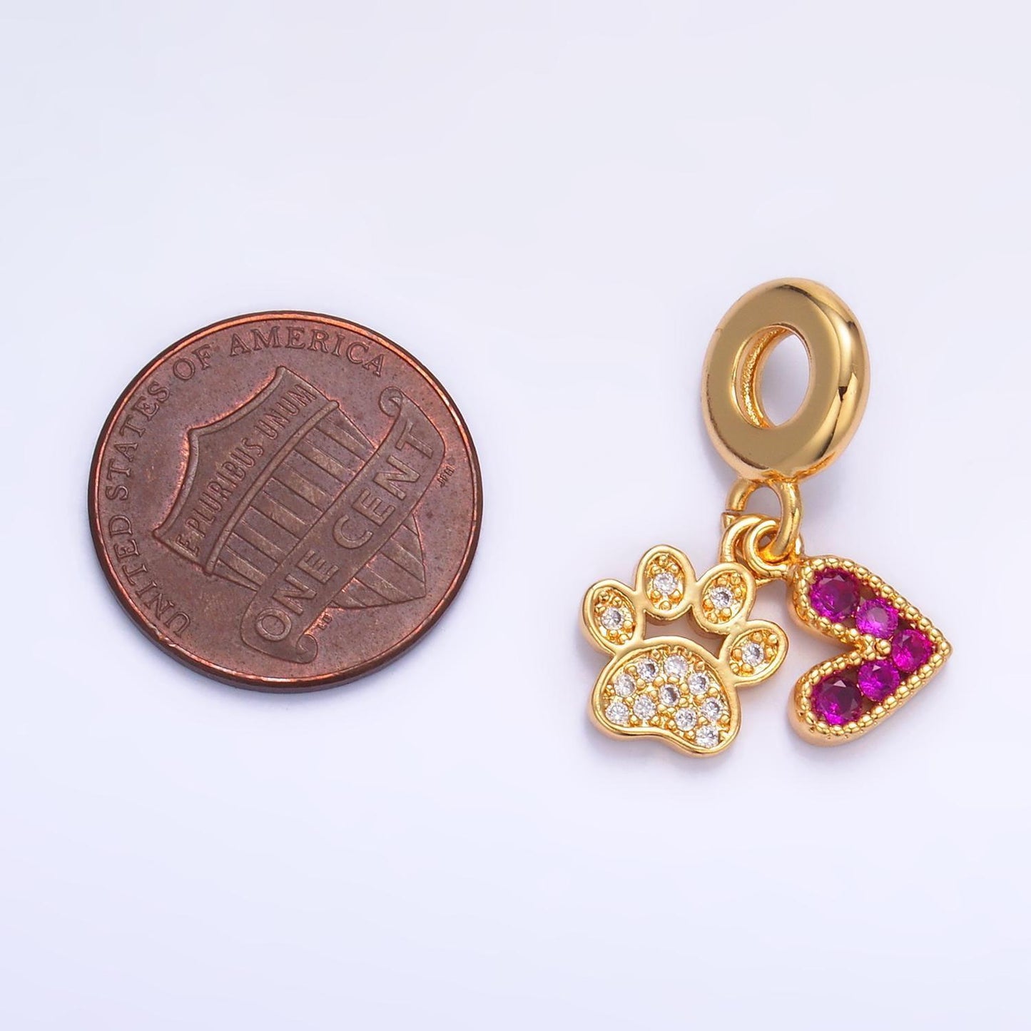 24k gold filled pet lover heart charm pink dog paw cz animal theme rondelle bail drop pendant dog mama bracelet | w330