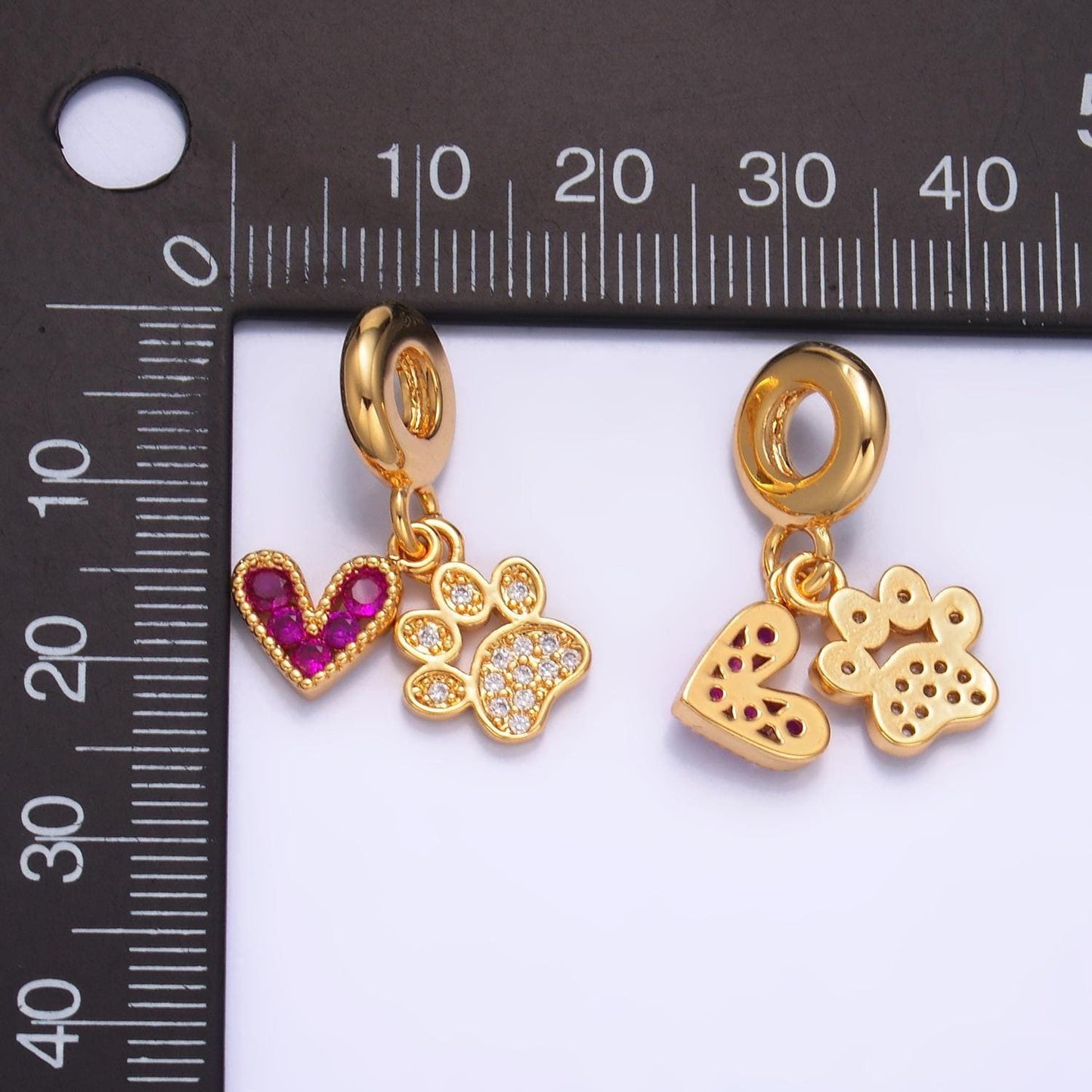 24k gold filled pet lover heart charm pink dog paw cz animal theme rondelle bail drop pendant dog mama bracelet | w330