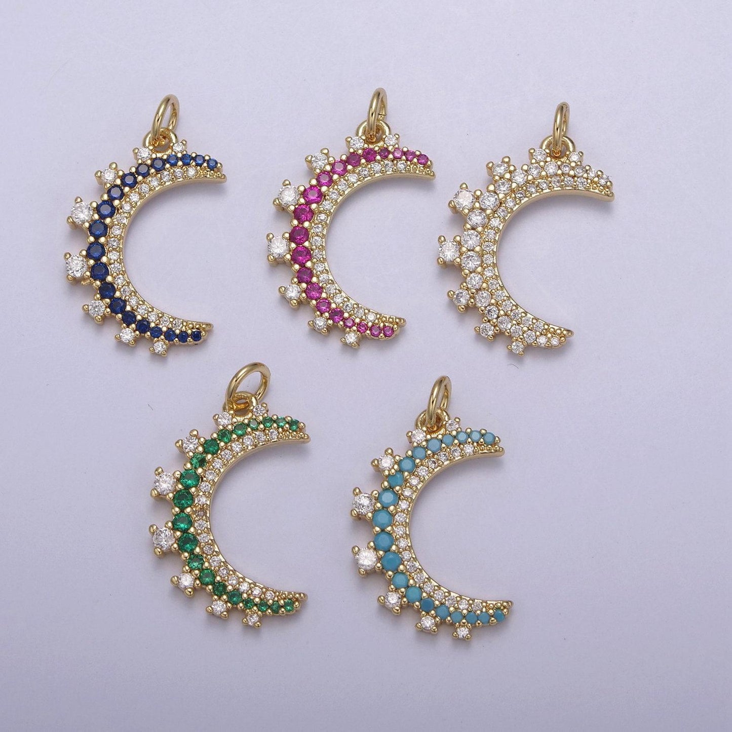 Dainty micro pave crescent moon pendant in 5 cz color 14k gold filled | diy fashion jewelry charm add on necklace bracelet earring | n-783