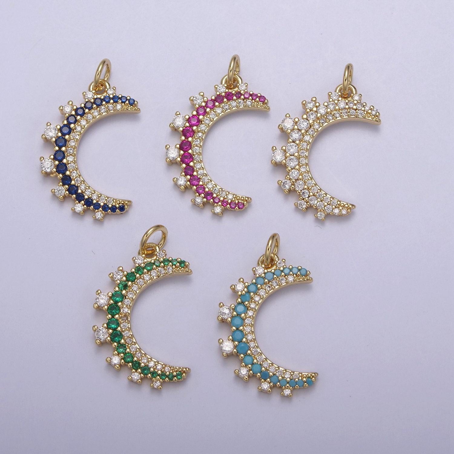 Dainty micro pave crescent moon pendant in 5 cz color 14k gold filled | diy fashion jewelry charm add on necklace bracelet earring | n-783