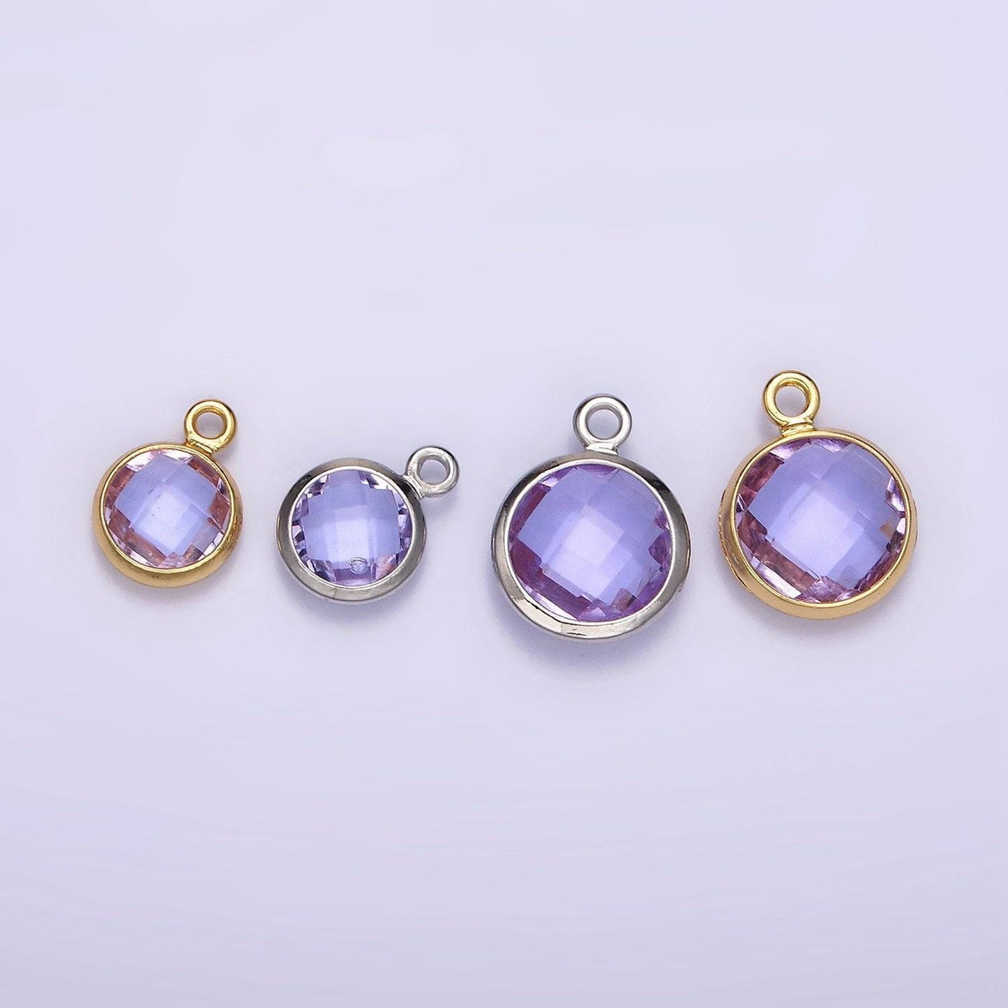 14k gold filled 7mm, 9mm purple multifaceted birthstone round charm in gold & silver | ac894 - ac897