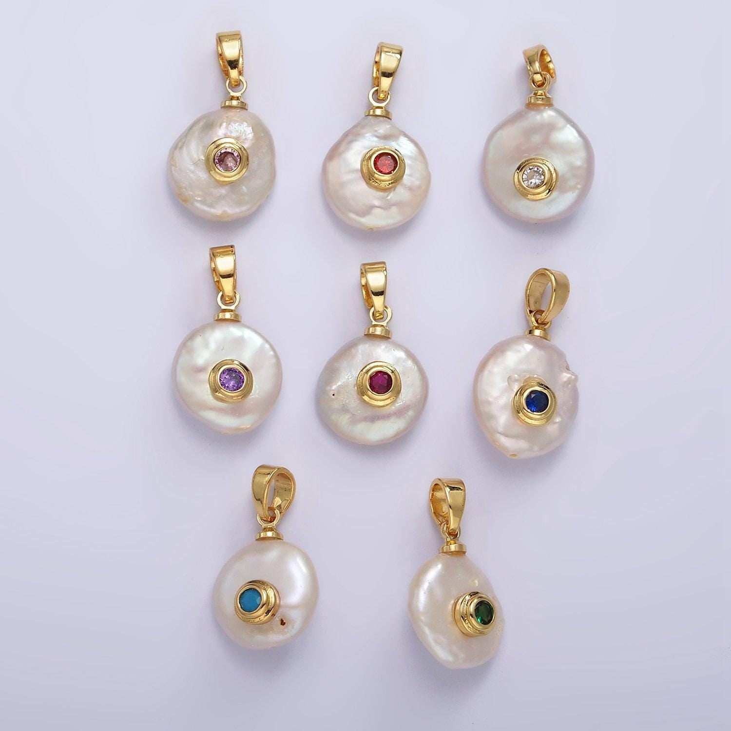 Freshwater pearl pendant cz freeform pearl round oval cz charms for bracelets necklace jewelry orange, purple, green, blue cz