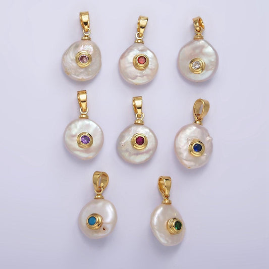 Freshwater pearl pendant cz freeform pearl round oval cz charms for bracelets necklace jewelry orange, purple, green, blue cz