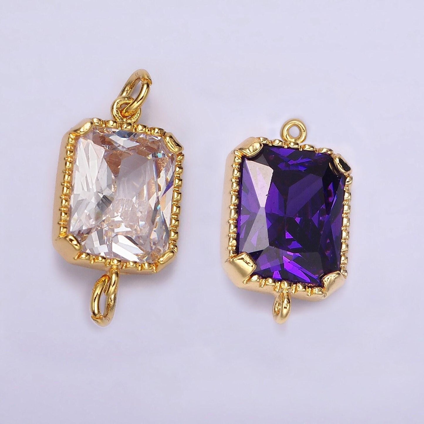 14k gold filled clear, purple cz multifaceted baguette bezel connector | g814 g815