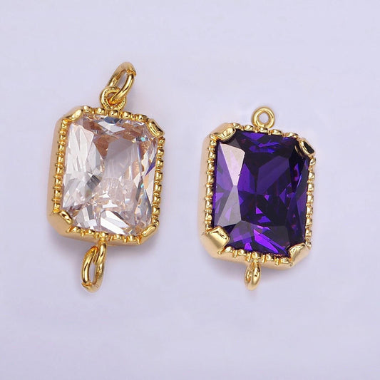 14k gold filled clear, purple cz multifaceted baguette bezel connector | g814 g815