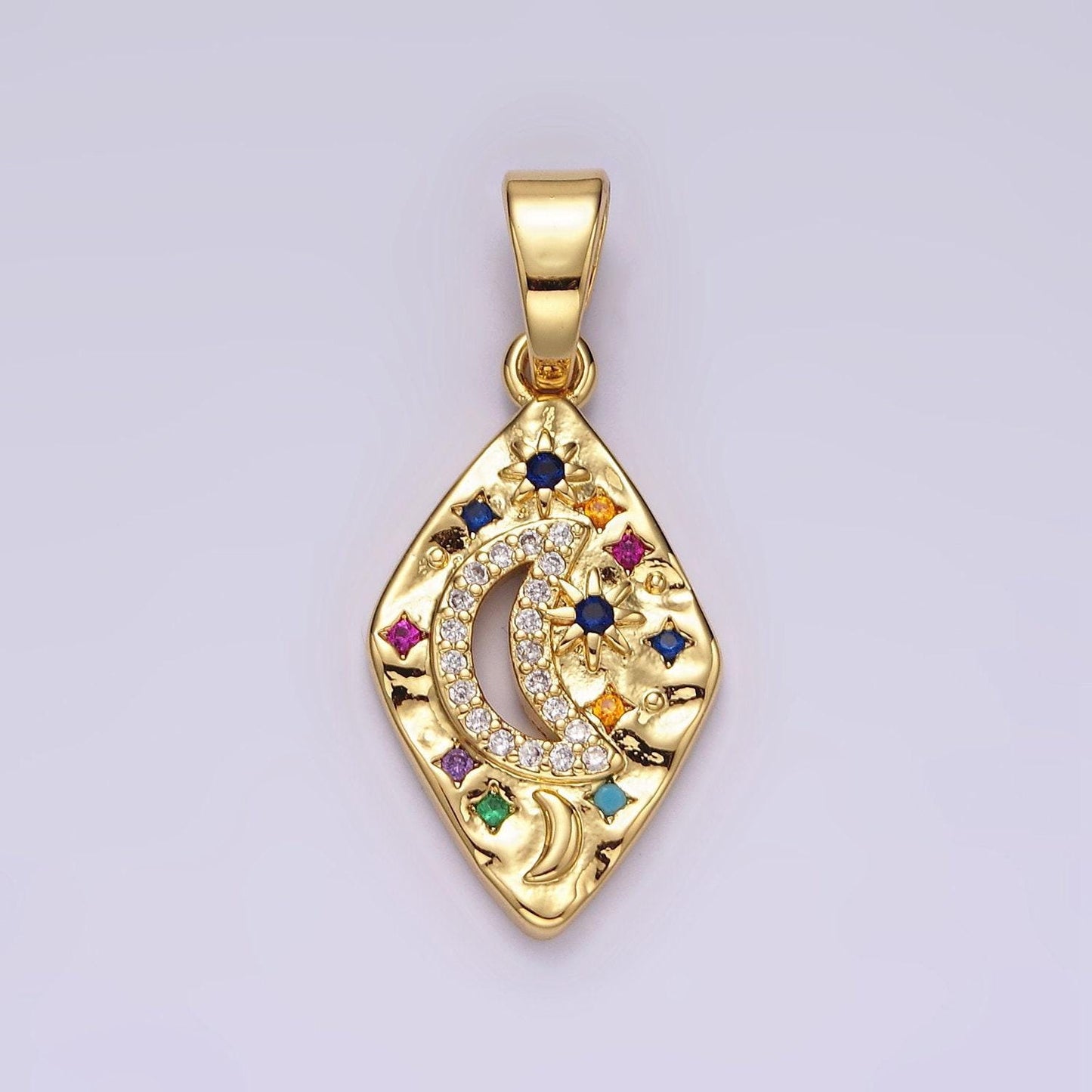 14k gold filled celestial crescent moon star multicolor cz open hammered rhombus pendant | aa510