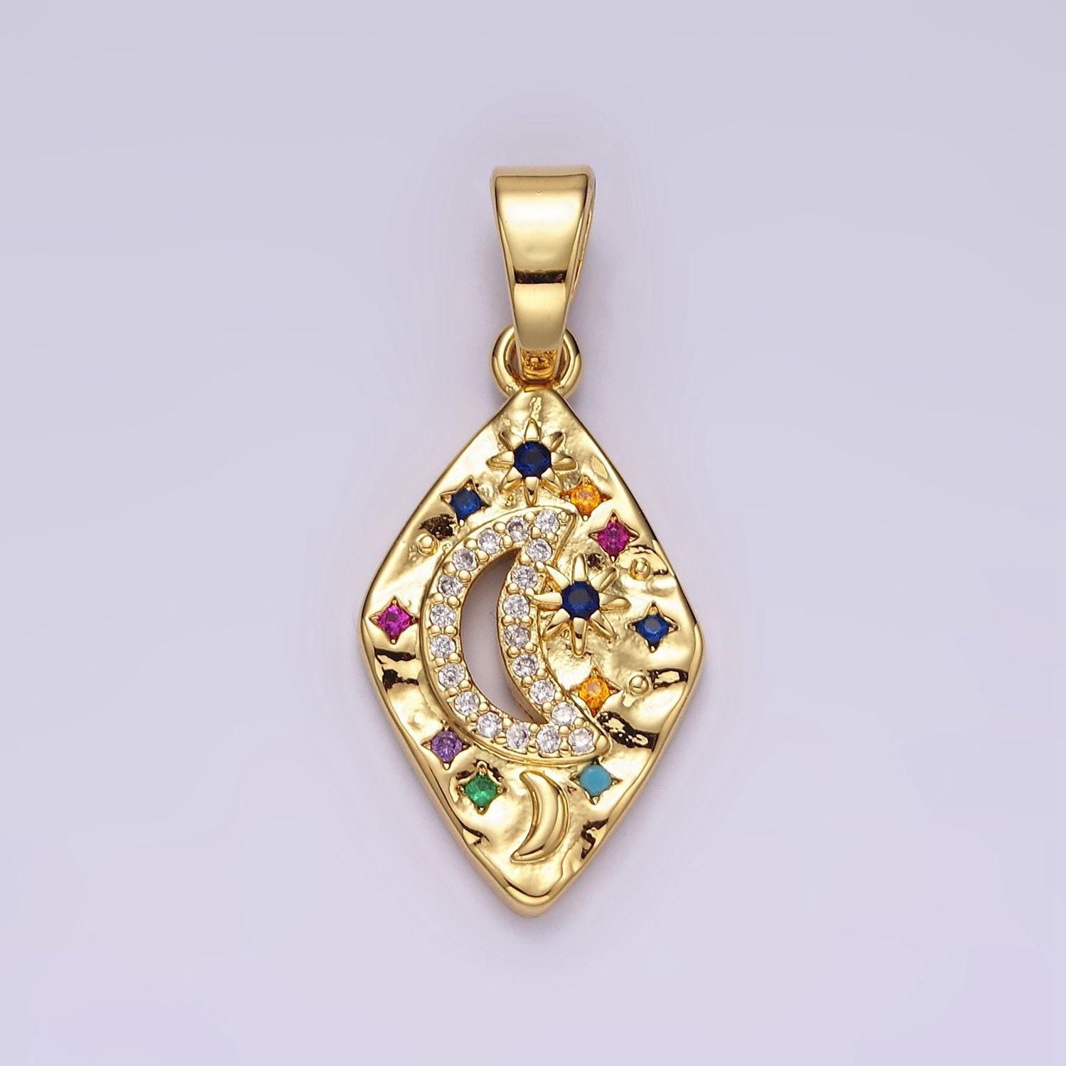 14k gold filled celestial crescent moon star multicolor cz open hammered rhombus pendant | aa510