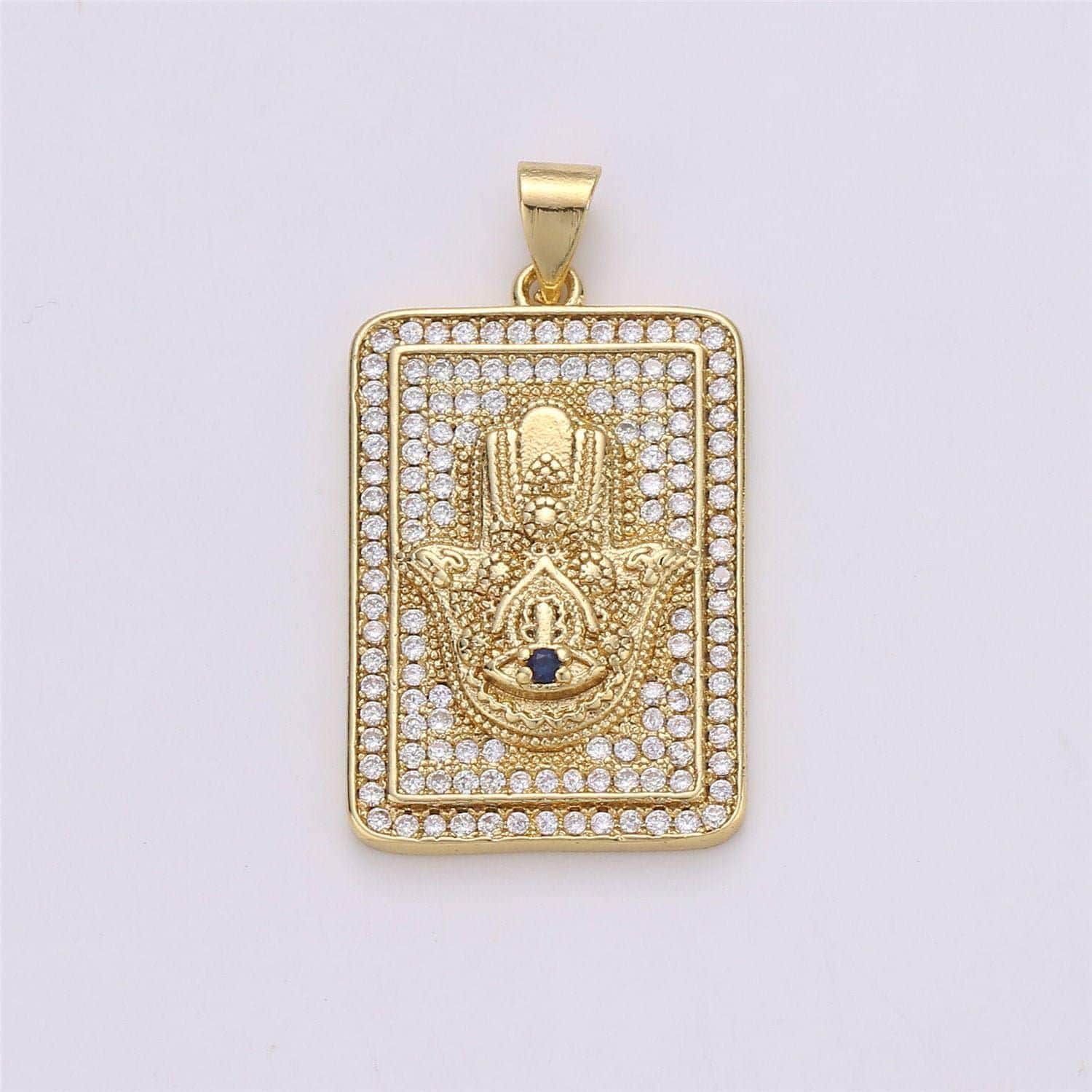 14k gold filled hamsa hand charm with micro pave square tag cz pendant for protection amulet necklace component i-615