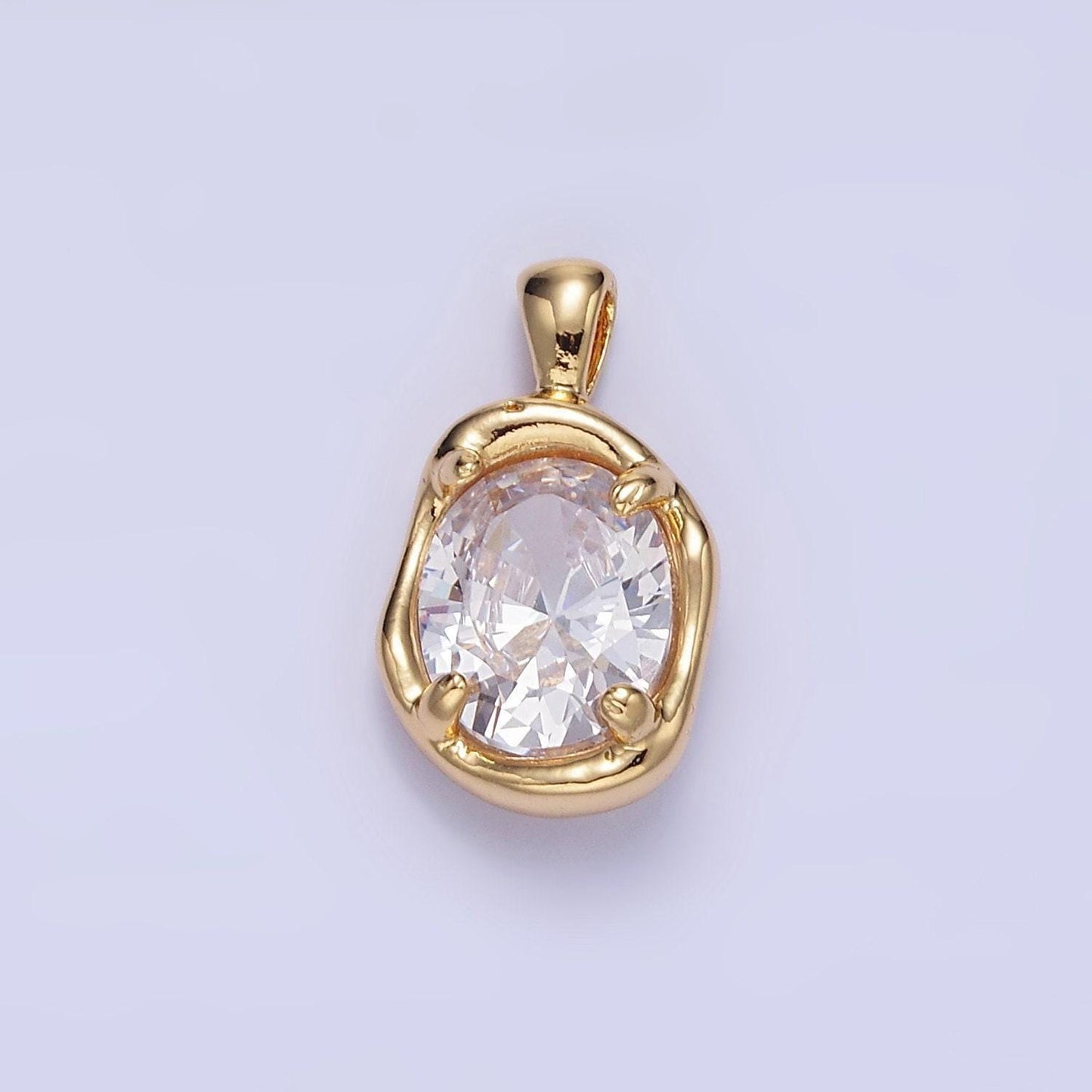 14k gold filled clear cz oval abstract pendant geometric hammered molten charm | h054